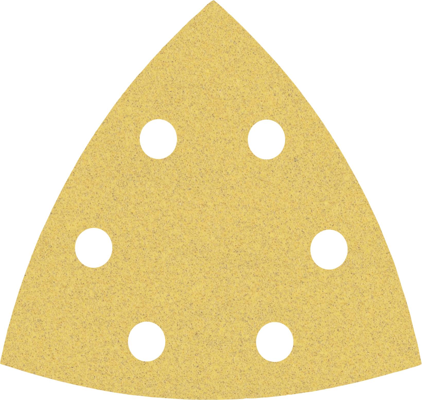 Dreieckiges Schleifpapier mit sechs runden Löchern zur Befestigung an einem Schleifgerät, häufig für Holzarbeiten verwendet.