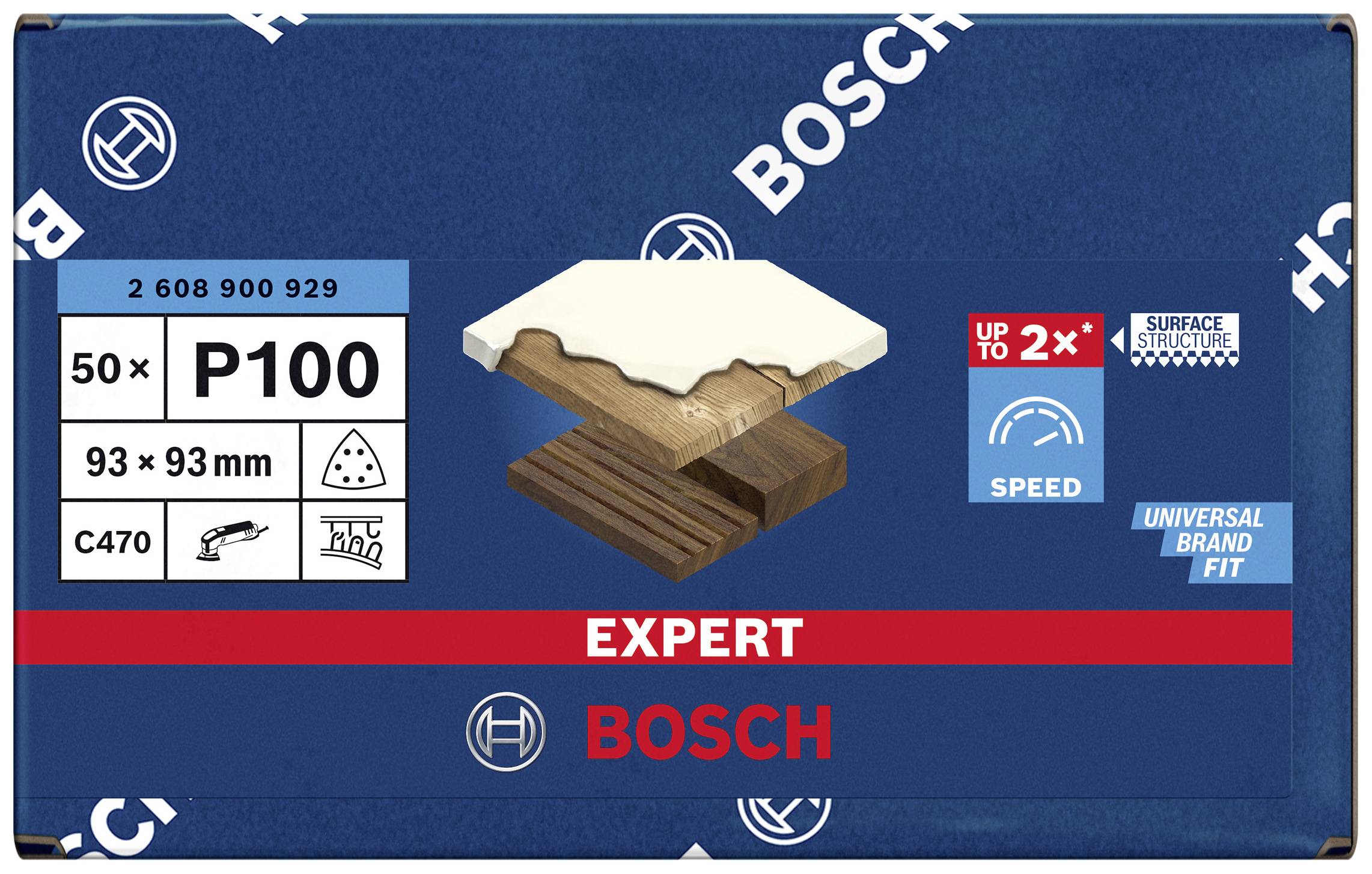 Verpackung einer Bosch-Schleifpapier-Packung, P100, 50 Blatt, 93 x 93 mm, geeignet für Holz, erhöht die Schleifeffizienz.