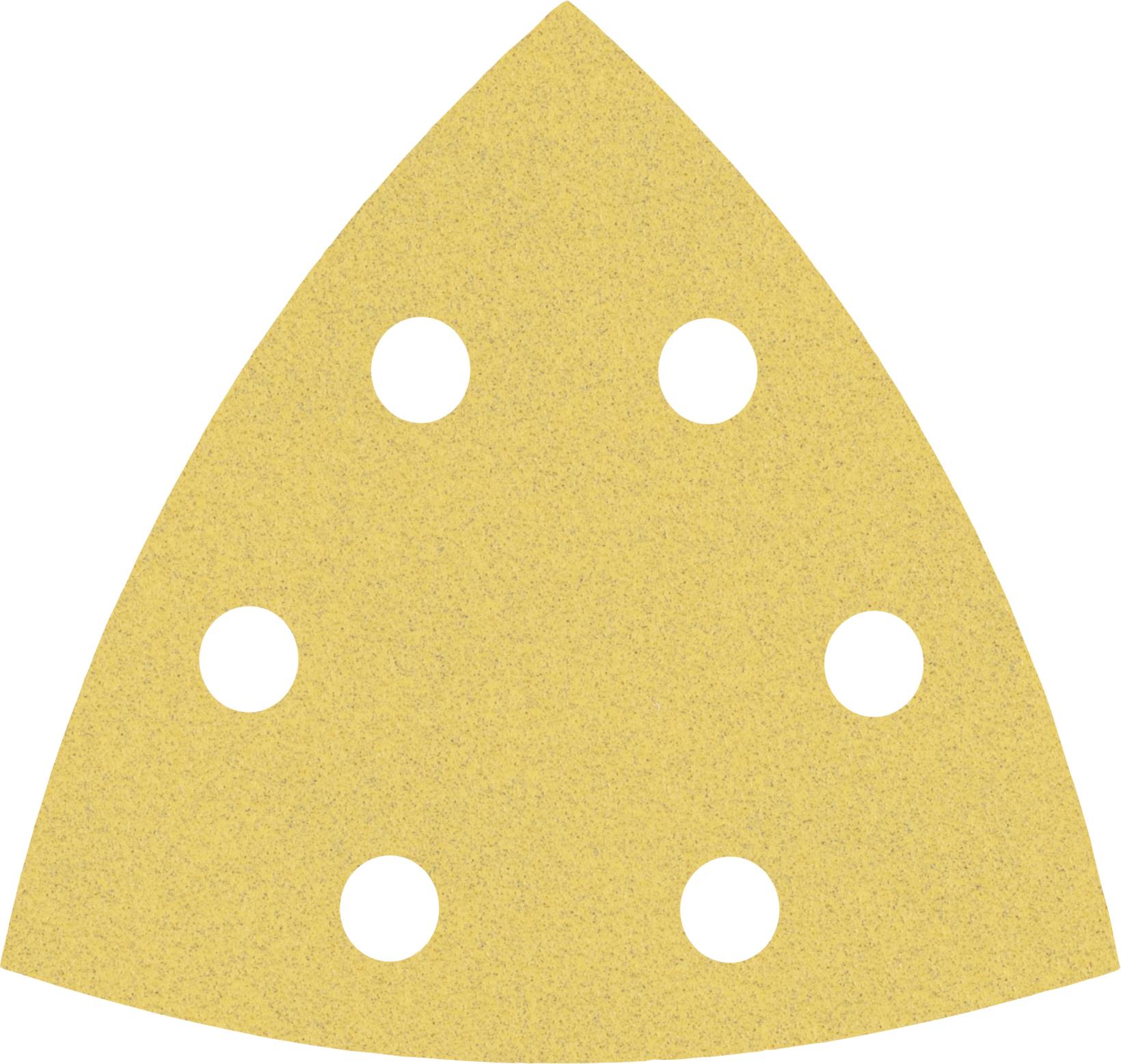 Ein dreieckiges Schleifpapier mit sechs gleichmäßig verteilten Löchern. Ideal für das Schleifen von Oberflächen mit einer Schleifmaschine.