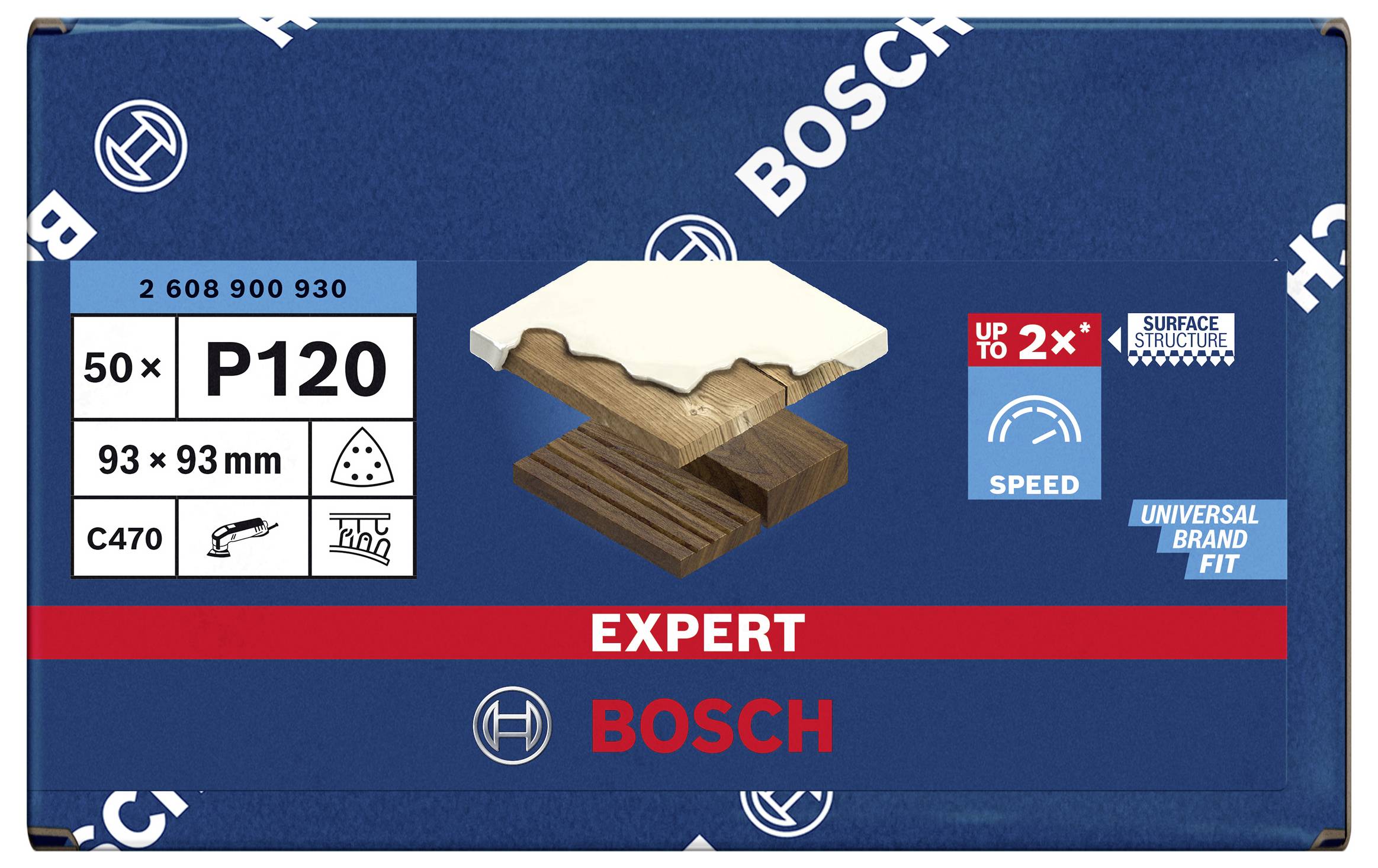 Eine Packung Bosch Schleifblätter P120, geeignet für Holz und Farbe. Abgebildet sind 50 Stück mit den Maßen 93 x 93 mm.
