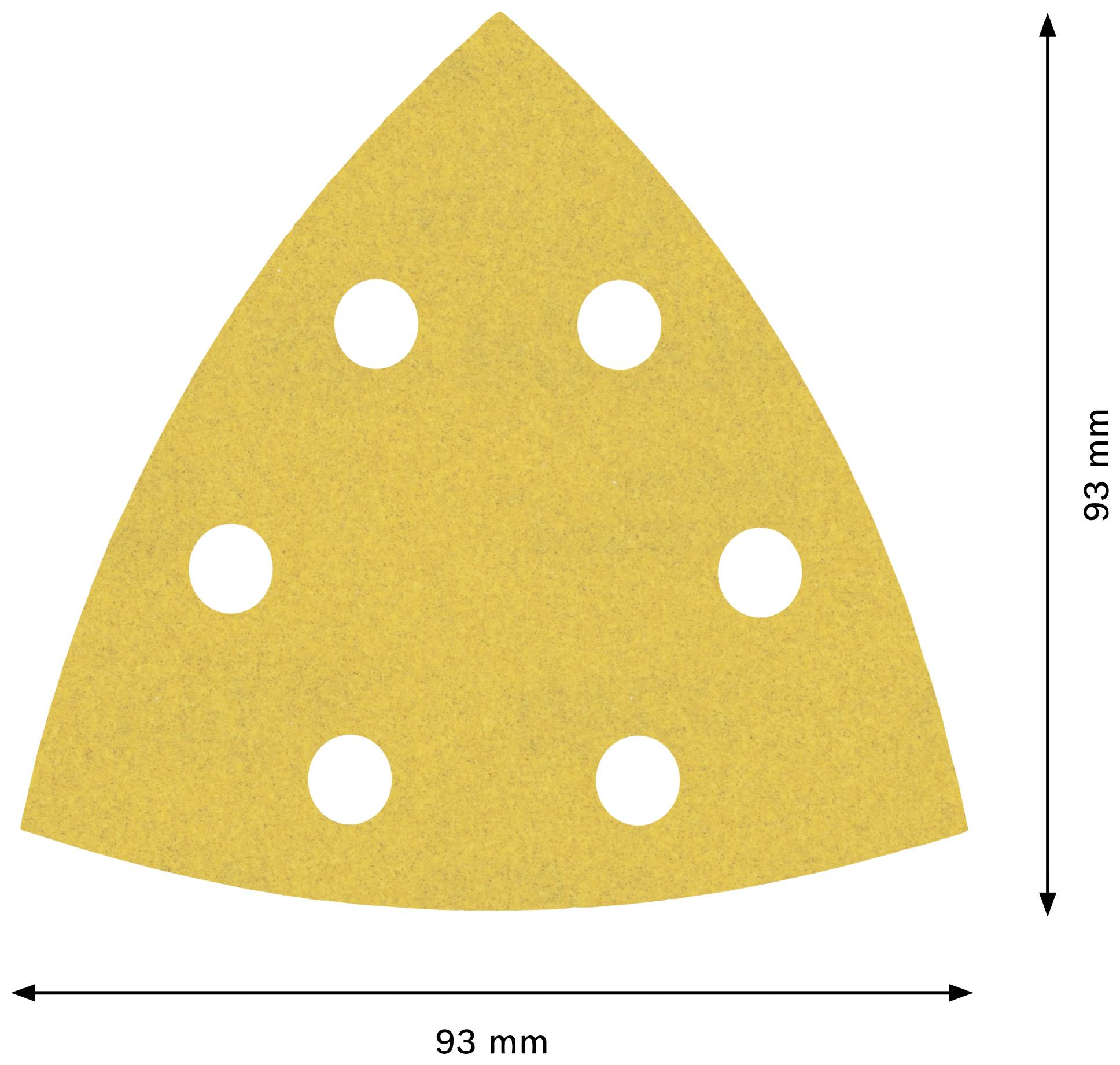 Dreieckiges Schleifblatt mit sechs symmetrischen Löchern, gelbliche Farbe. Maße: 93 mm x 93 mm.