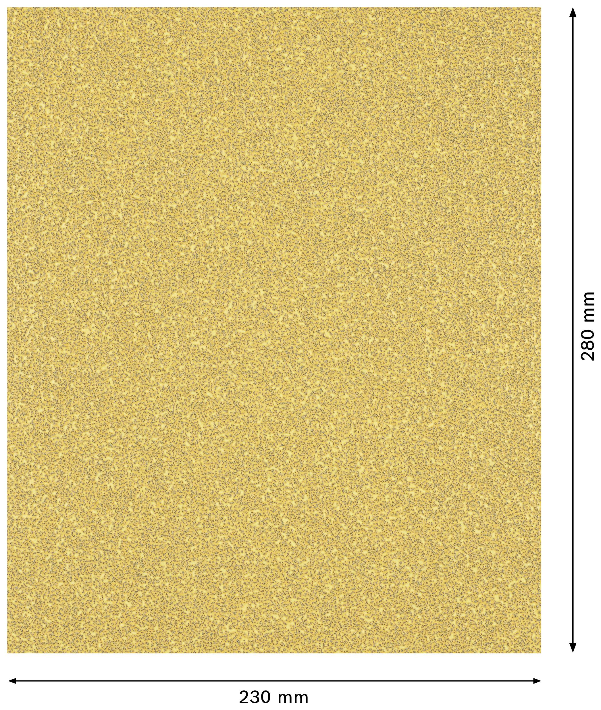 Sandpapierblatt, goldfarben, rechteckig, Maße 230 mm x 280 mm, mit Pfeilen zur Darstellung der Breite und Höhe.