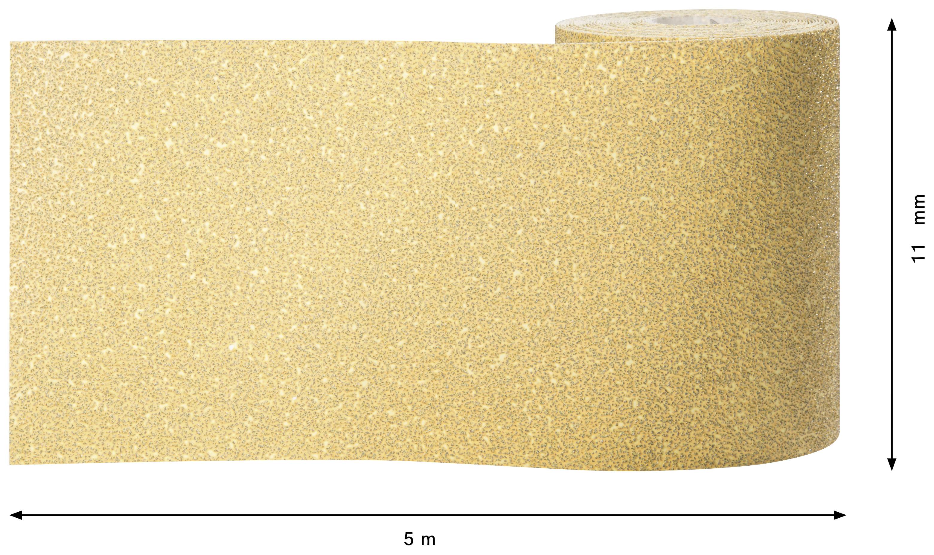 Rolle Schleifpapier, Maße: 5 m Länge, 11 mm Breite, beige Farbe, strukturierte Oberfläche für Schleif- und Reinigungsanwendungen.