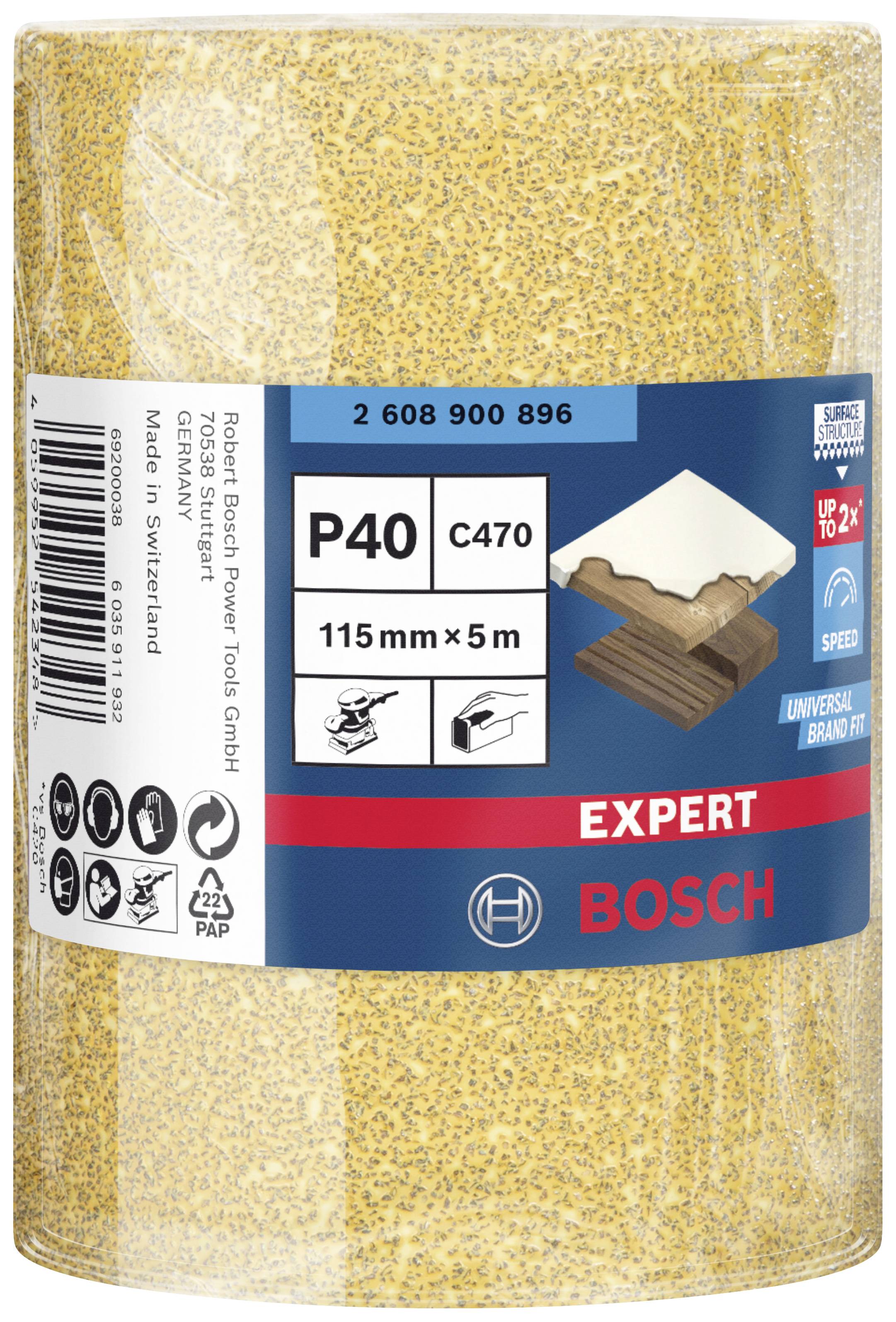 Schleifpapierrolle von Bosch 'EXPERT', Körnung P40, Maße 115mm x 5m. Geeignet zum Schleifen von Holz und Lack, hergestellt in der Schweiz.