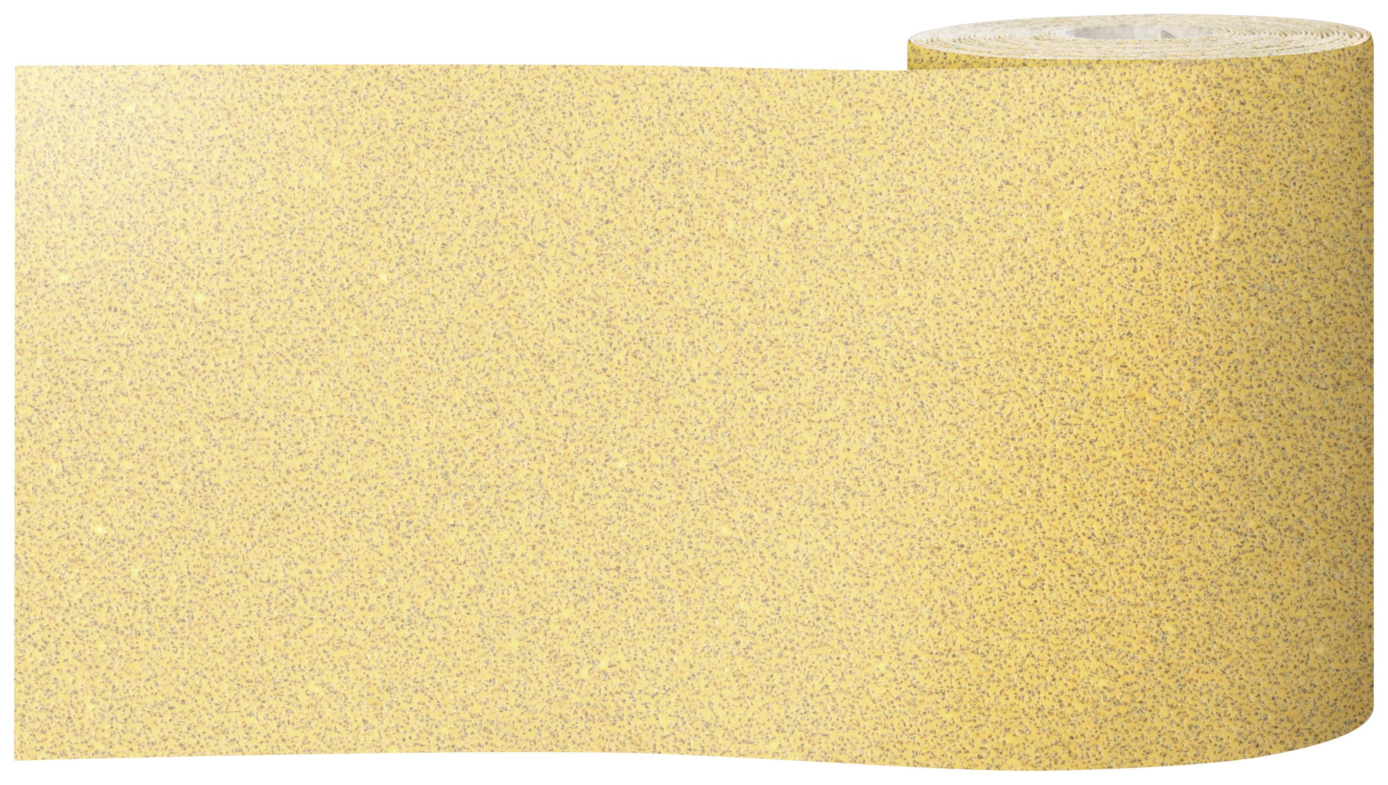 Eine Rolle sandfarbenes Schleifpapier, teilweise abgewickelt, auf weißem Hintergrund.