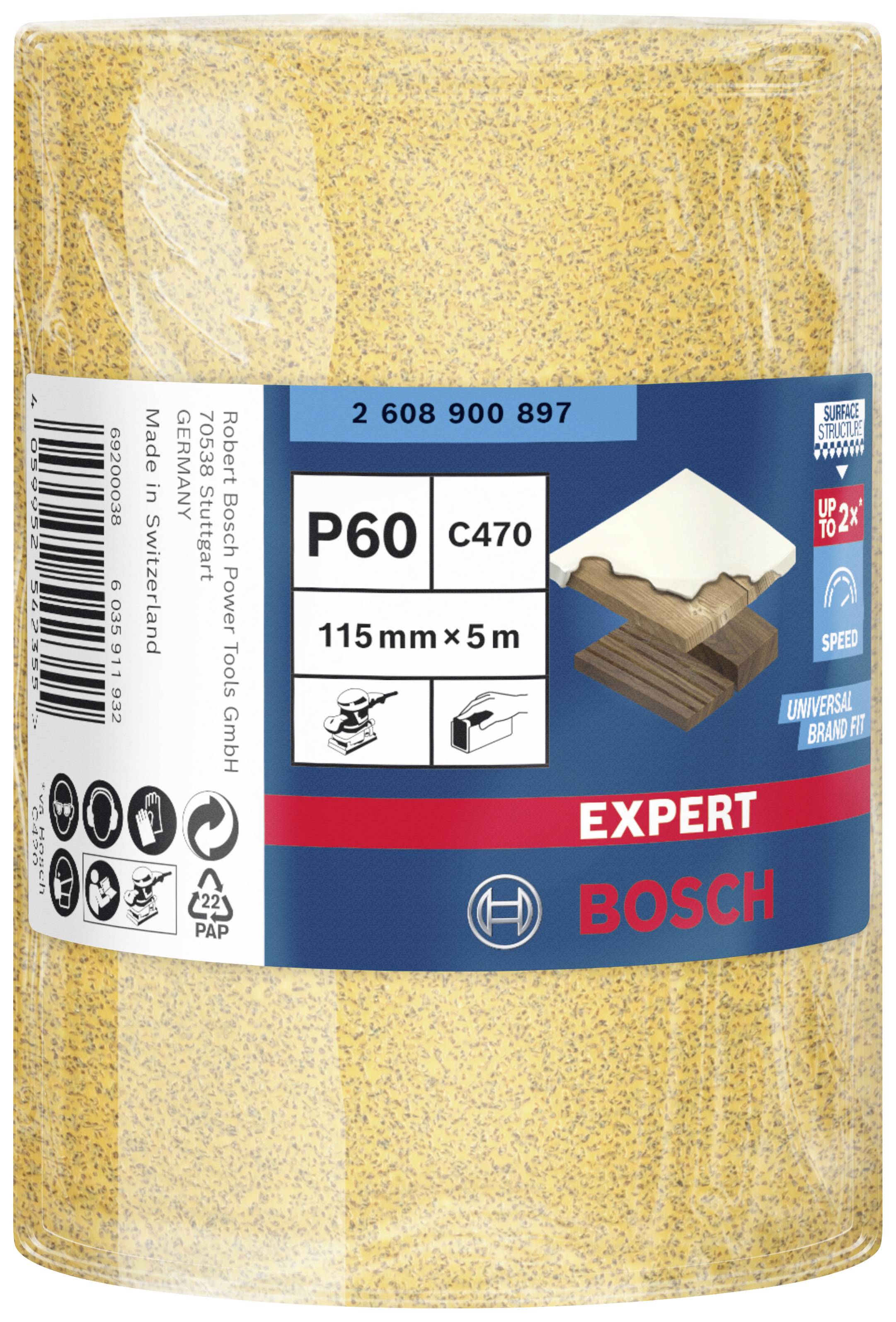 Schleifpapierrolle von Bosch, P60 Körnung, geeignet für Holz. Maße: 115 mm x 5 m. Enthält Symbole für Schleifmaschinenkompatibilität.