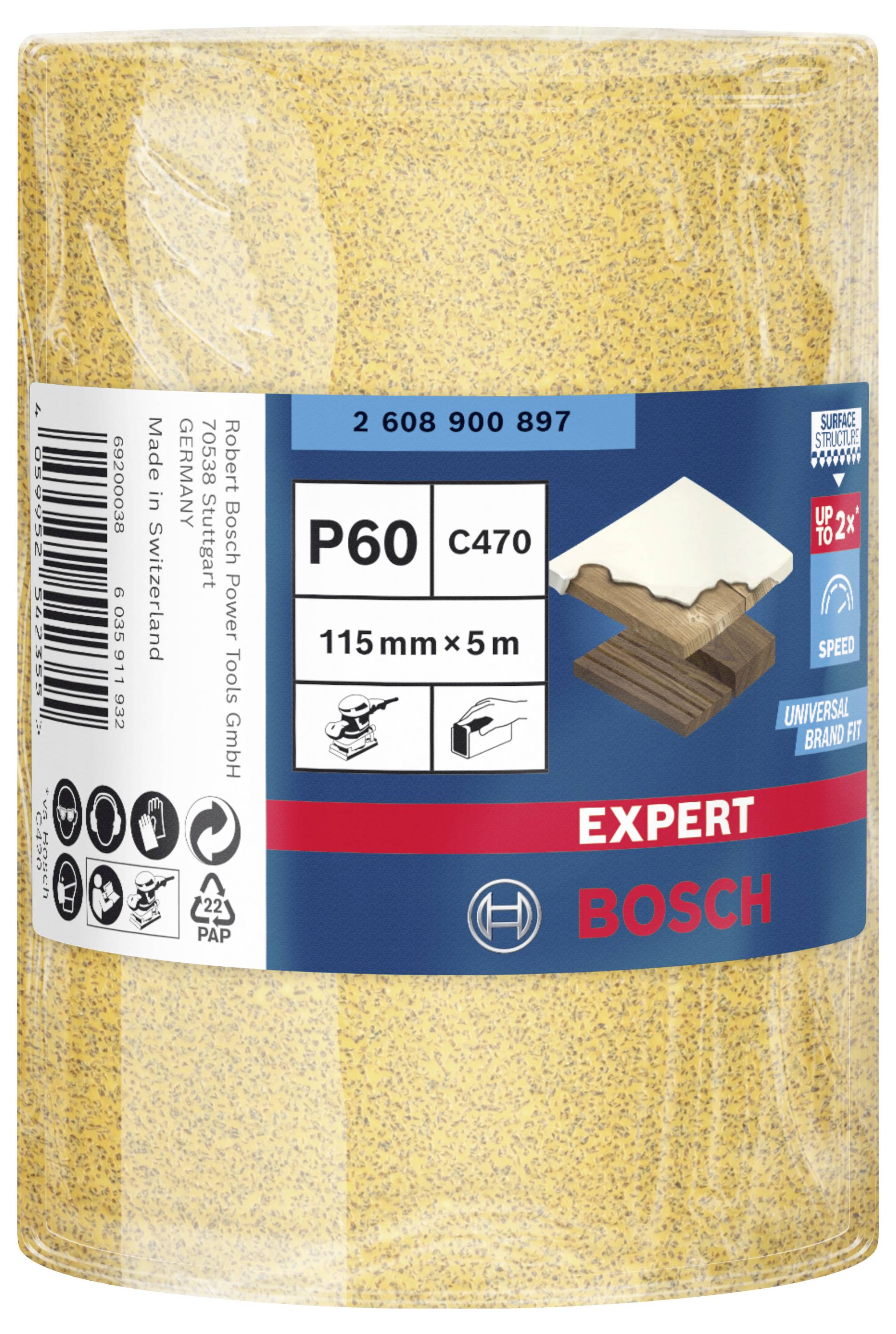 Schleifpapierrolle von Bosch, Körnung P60, geeignet für Holz und Lack, Maße 115 mm x 5 m, hergestellt in der Schweiz.