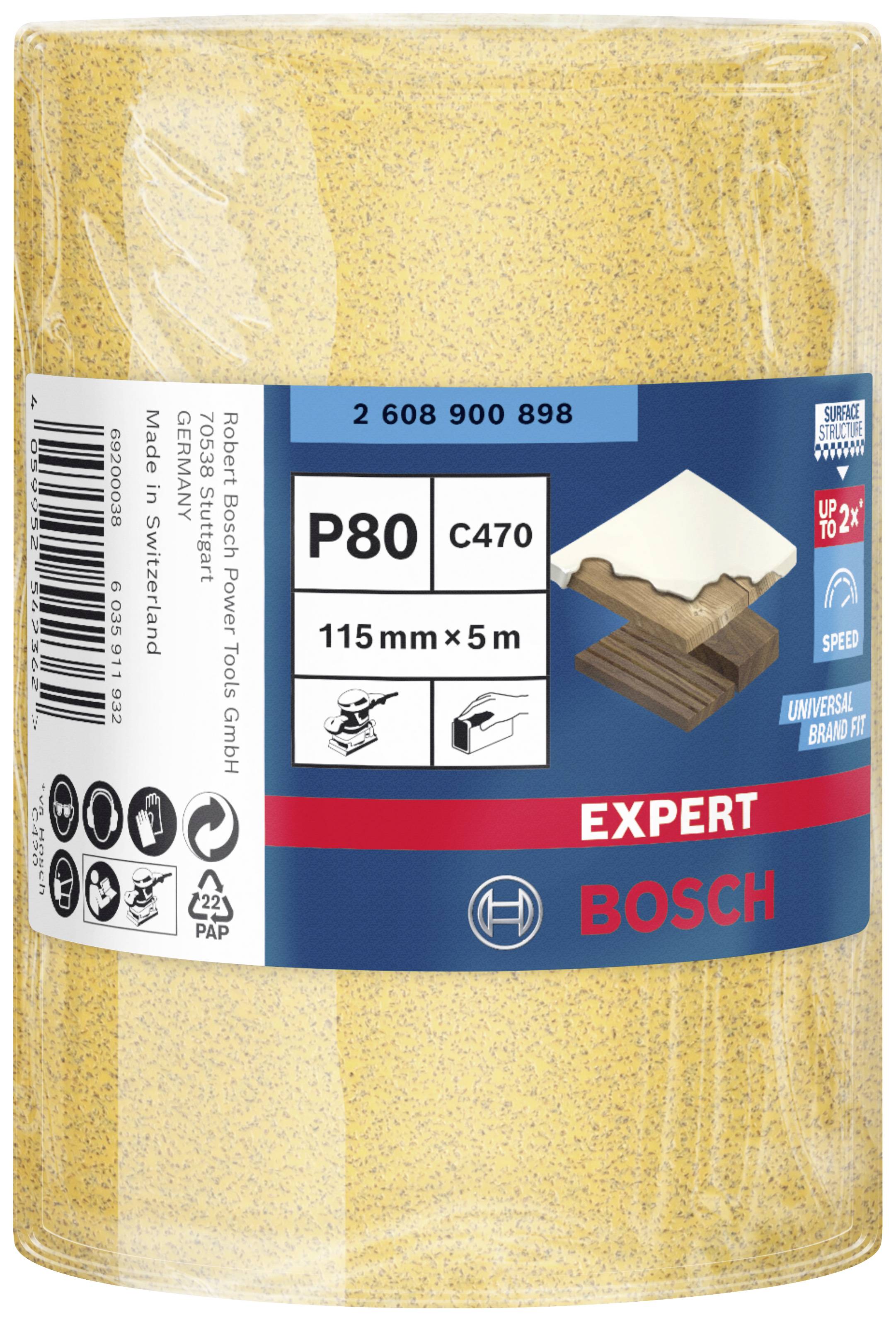 Schleifpapierrolle von Bosch, Korn P80, Größe 115mm x 5m, verpackt. Eignet sich für Holzbearbeitung, zeigt Produktspezifikationen.