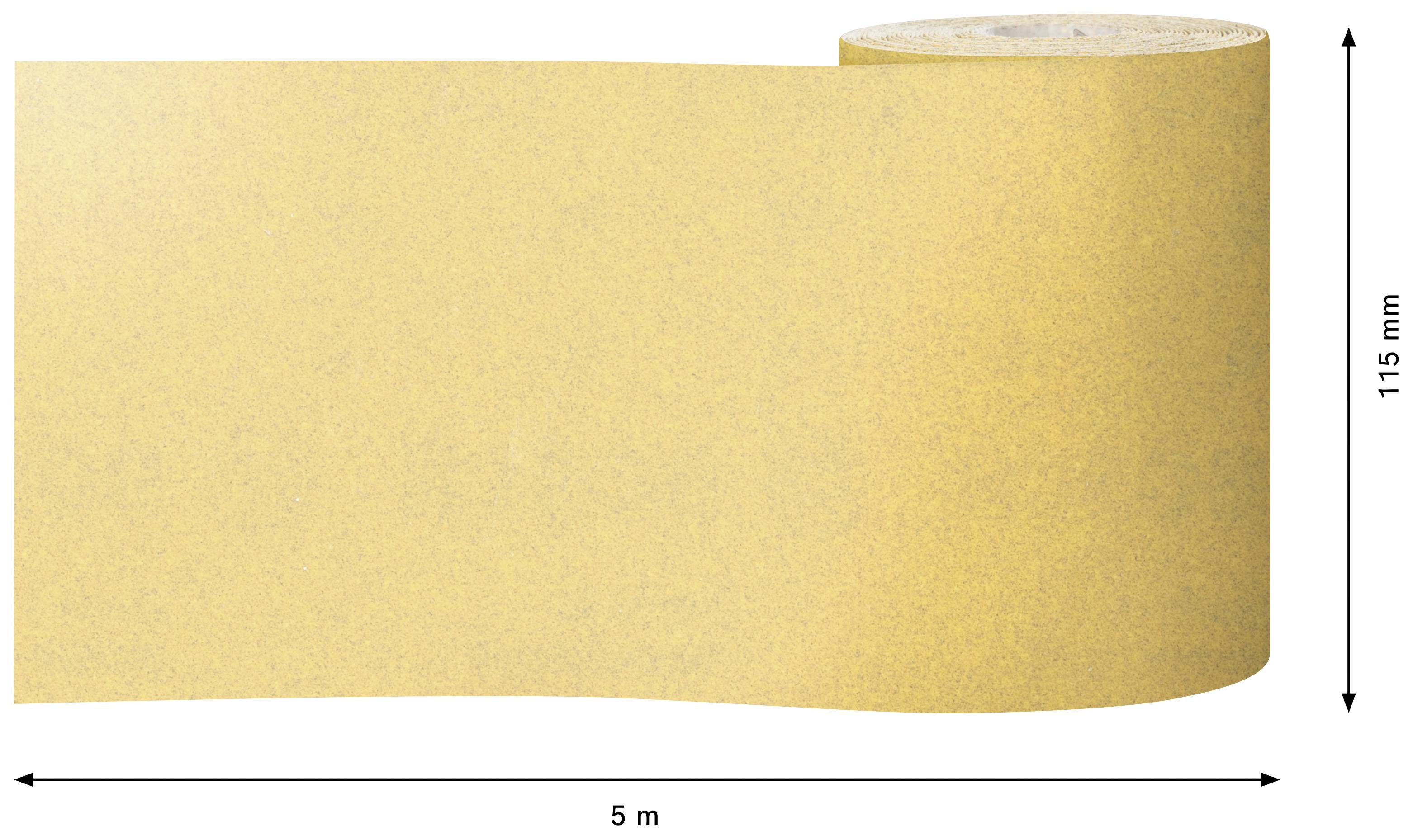 Eine gelbe Tapetenrolle, 5 Meter lang und 115 mm breit.