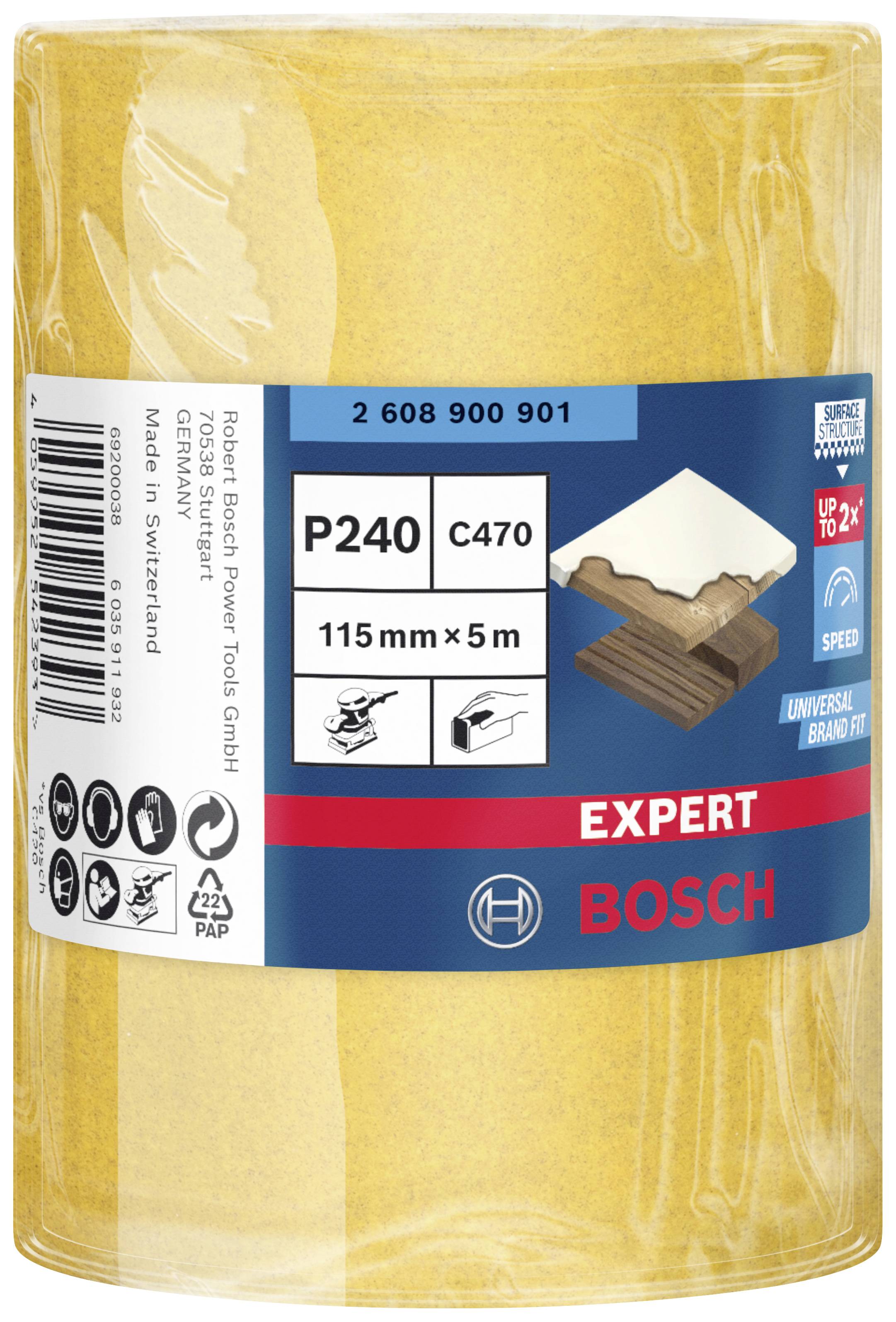 Schleifpapierrolle, Körnung P240, 115 mm x 5 m. Verpackung zeigt Holzsymbol für Anwendung auf Holz. Marke: Bosch Expert.