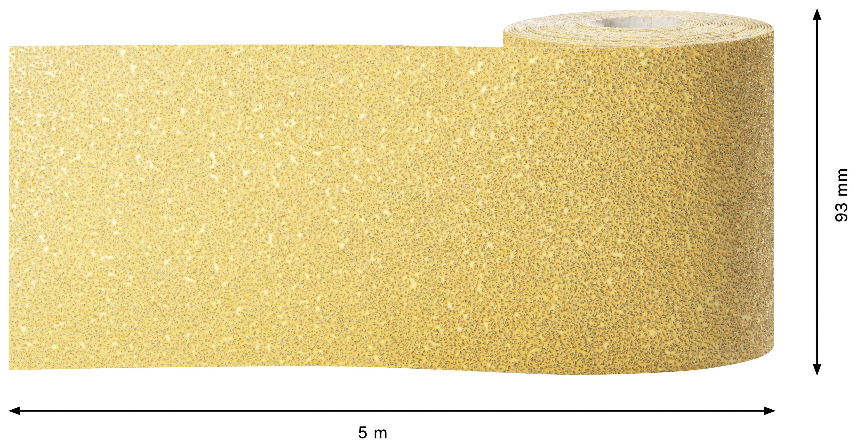 Ein gelbes Schleifpapier, ausgerollt auf 5 Meter Länge und 93 mm Breite, zeigt Textur und Körnung.