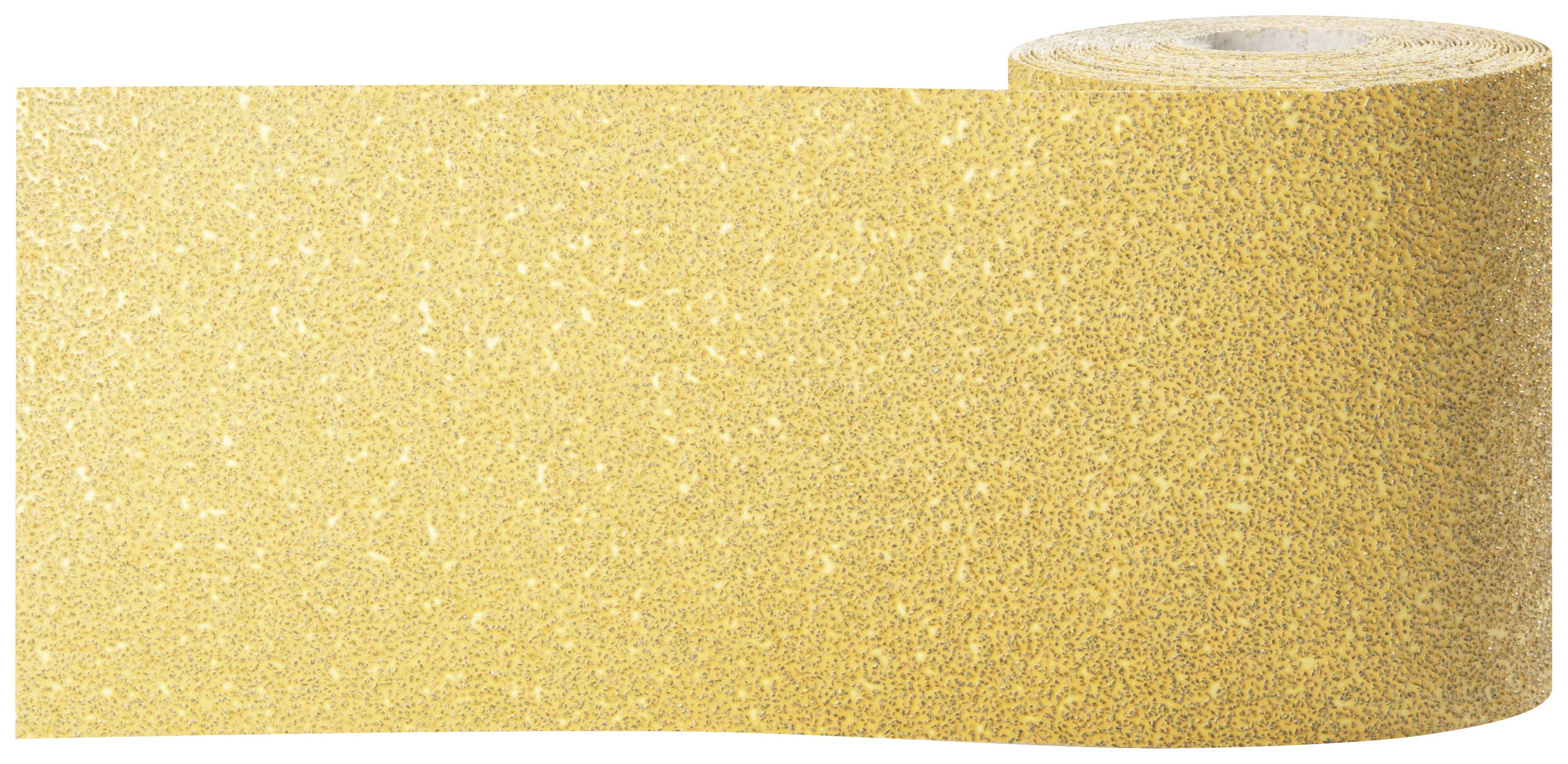 Eine Rolle Schleifpapier in einem warmen, hellen Goldton, ausgerollt, um die raue Körnung zu zeigen, die zum Schleifen von Oberflächen verwendet wird.