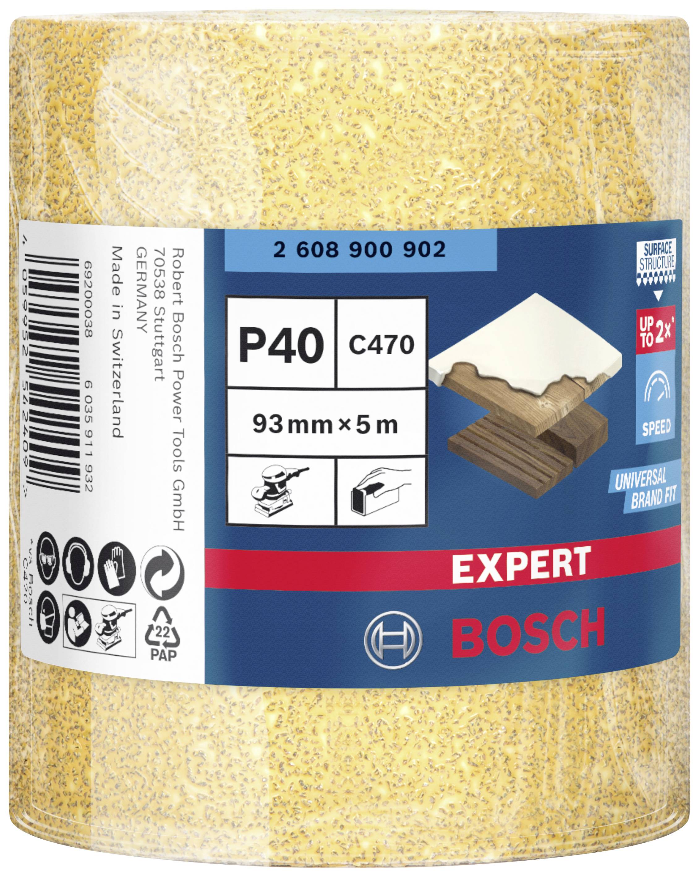Eine Rolle Schleifpapier der Marke Bosch, Modell Expert, Korn P40, 93 mm x 5 m. Made in Switzerland. Geeignet für Holz.