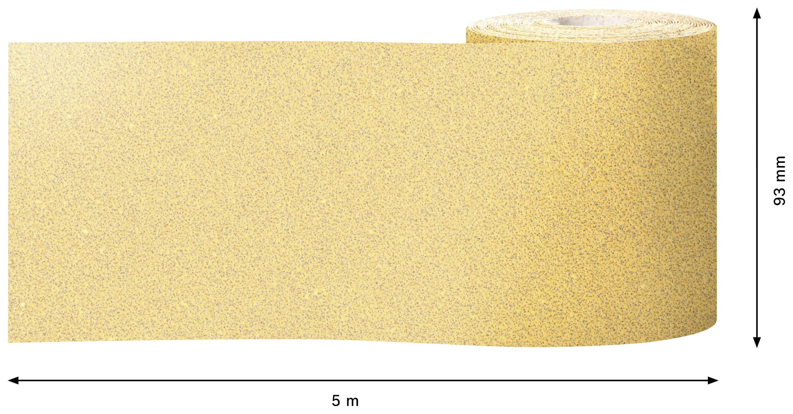 Eine Rolle Schleifpapier, 5 Meter lang und 93 Millimeter breit, ausgerollt dargestellt.