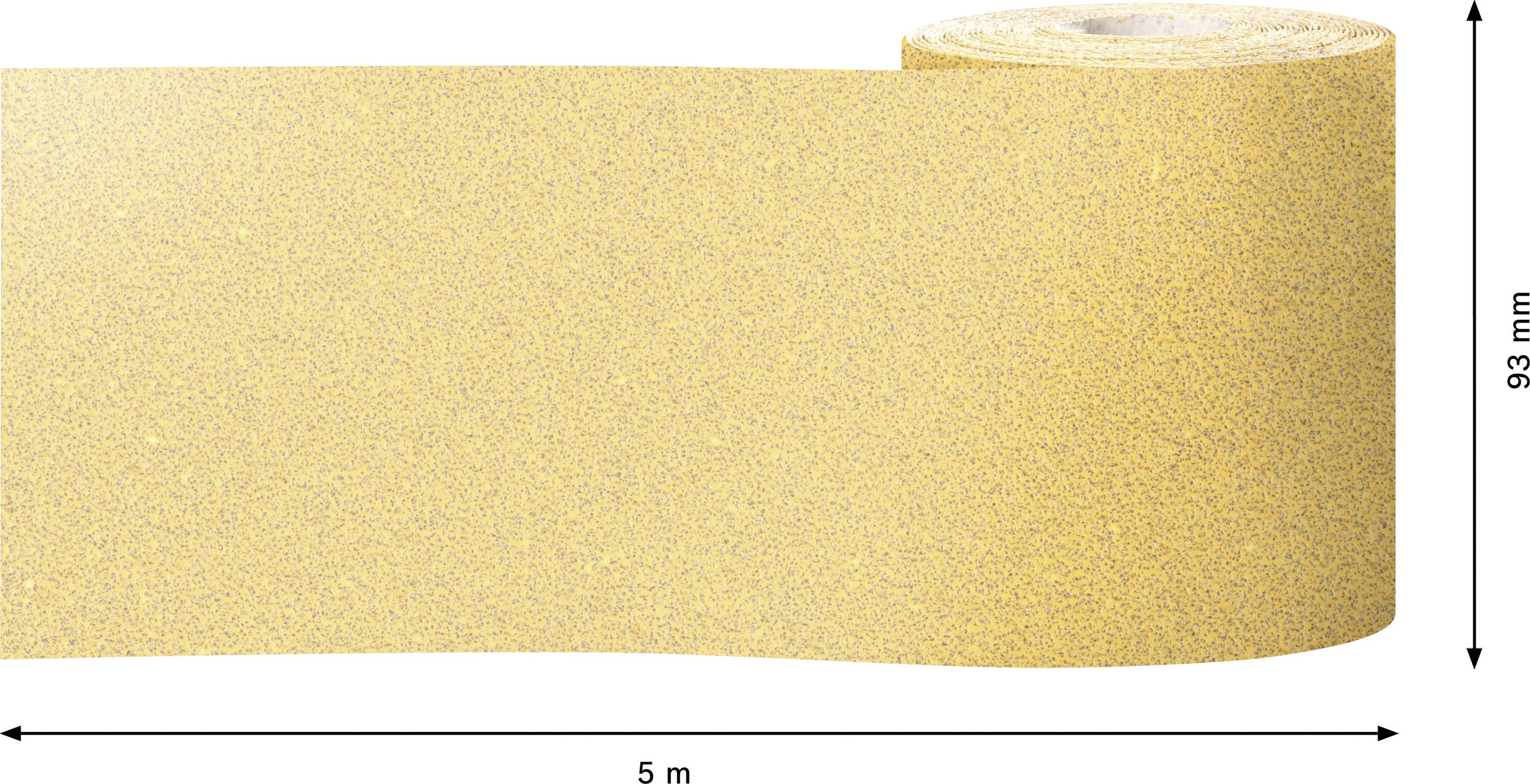 Eine gelbe Schleifpapierrolle, 5 Meter lang und 93 mm breit.