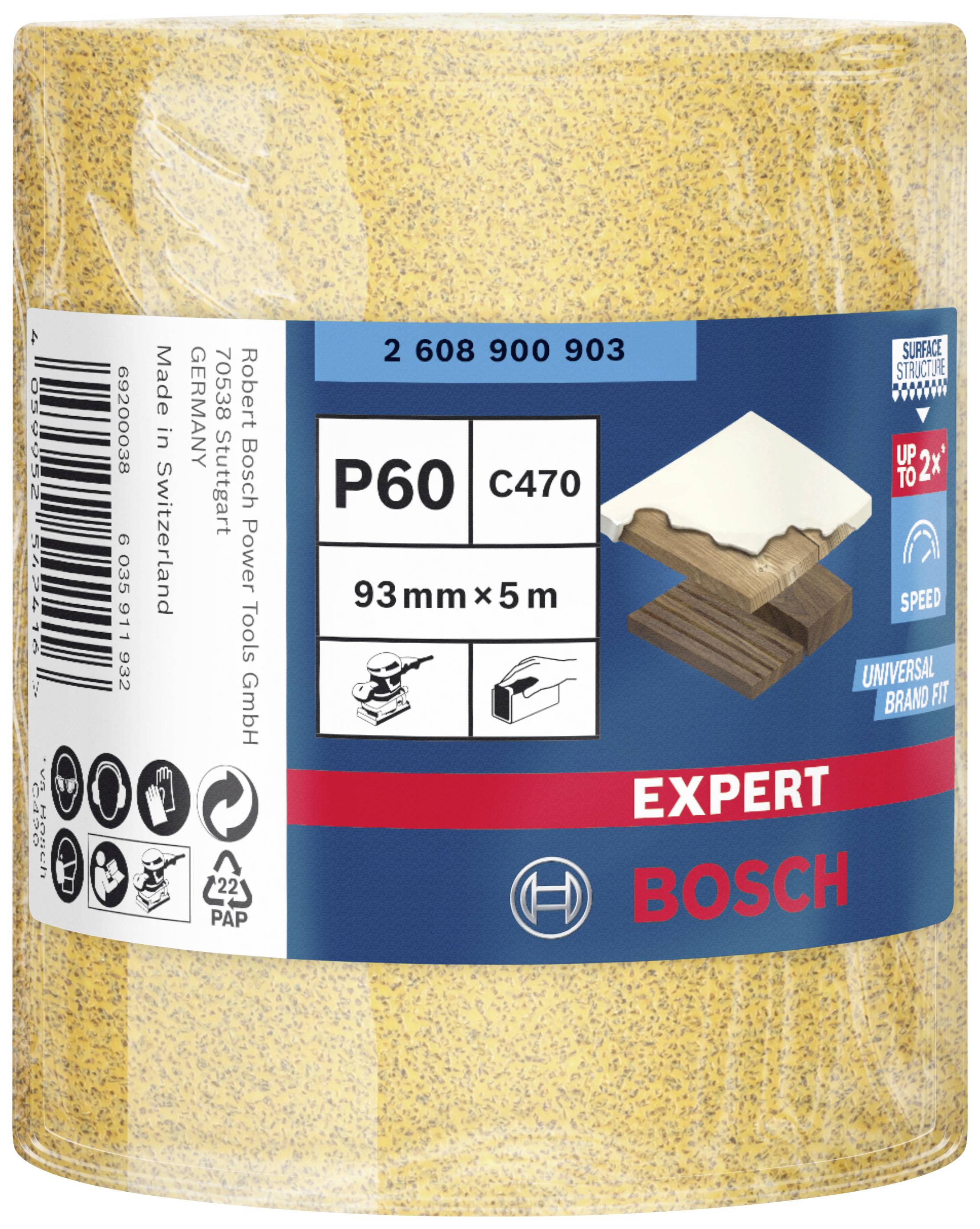 Schleifpapier-Rolle von Bosch, Körnung P60, 93 mm x 5 m, geeignet für Holzarbeiten. Verpackung zeigt Anwendung und Spezifikationen.