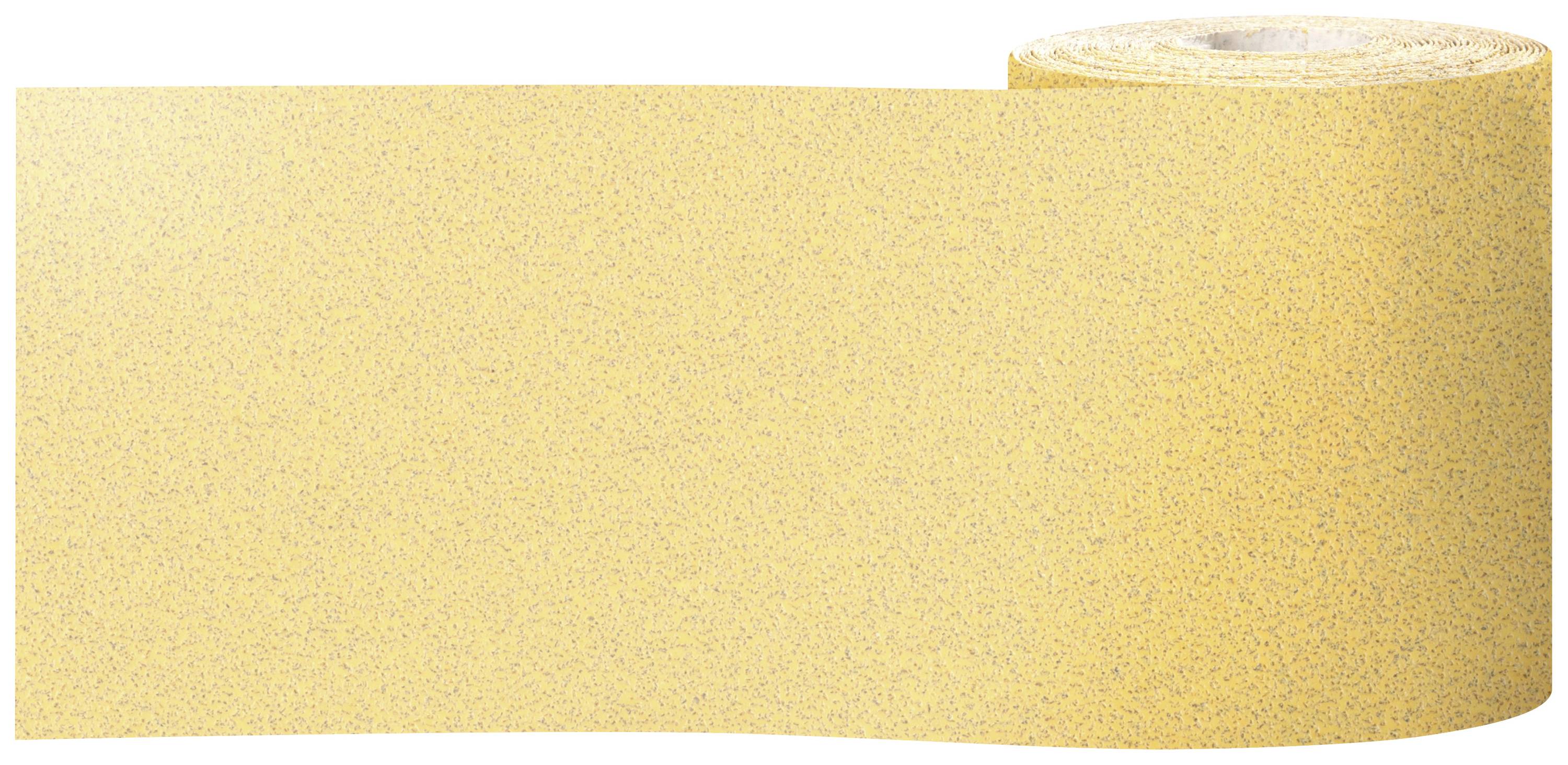 Eine Rolle gelbes Schleifpapier, teilweise abgerollt, auf weißem Hintergrund.
