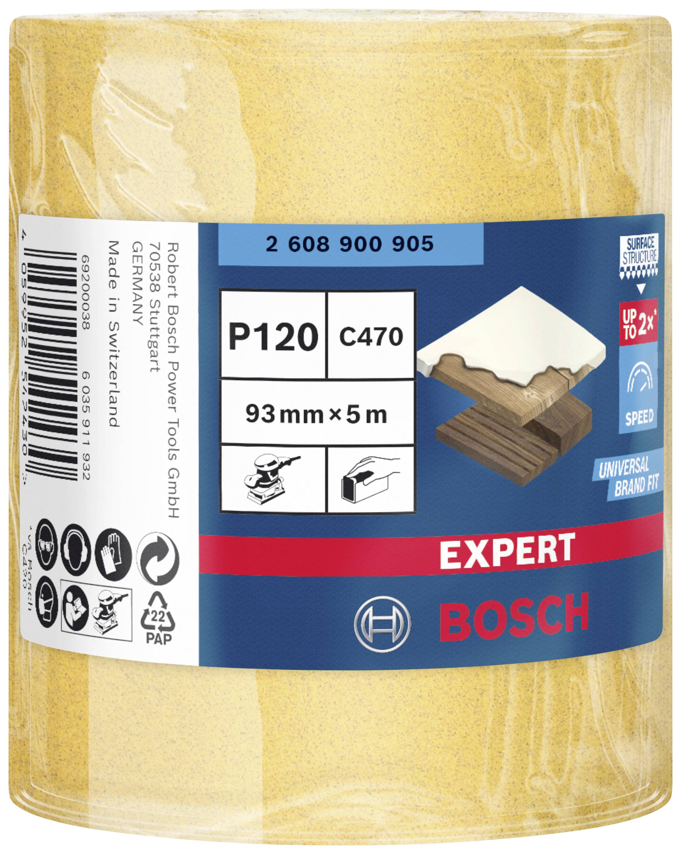 Bosch Schleifpapier, P120, 93mm x 5m, universell. Oberflächenschonend, geeignet für Holz und andere Materialien. Hergestellt in der Schweiz.