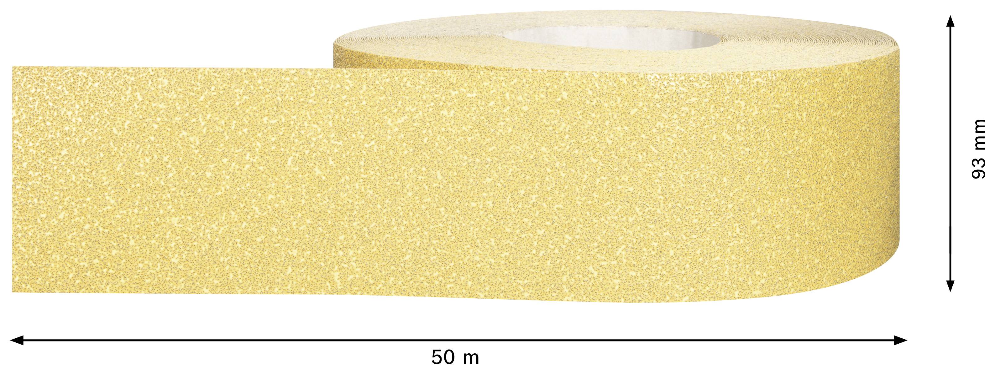 Ein gelbes Klebeband mit einer Länge von 50 m und einer Breite von 93 mm.