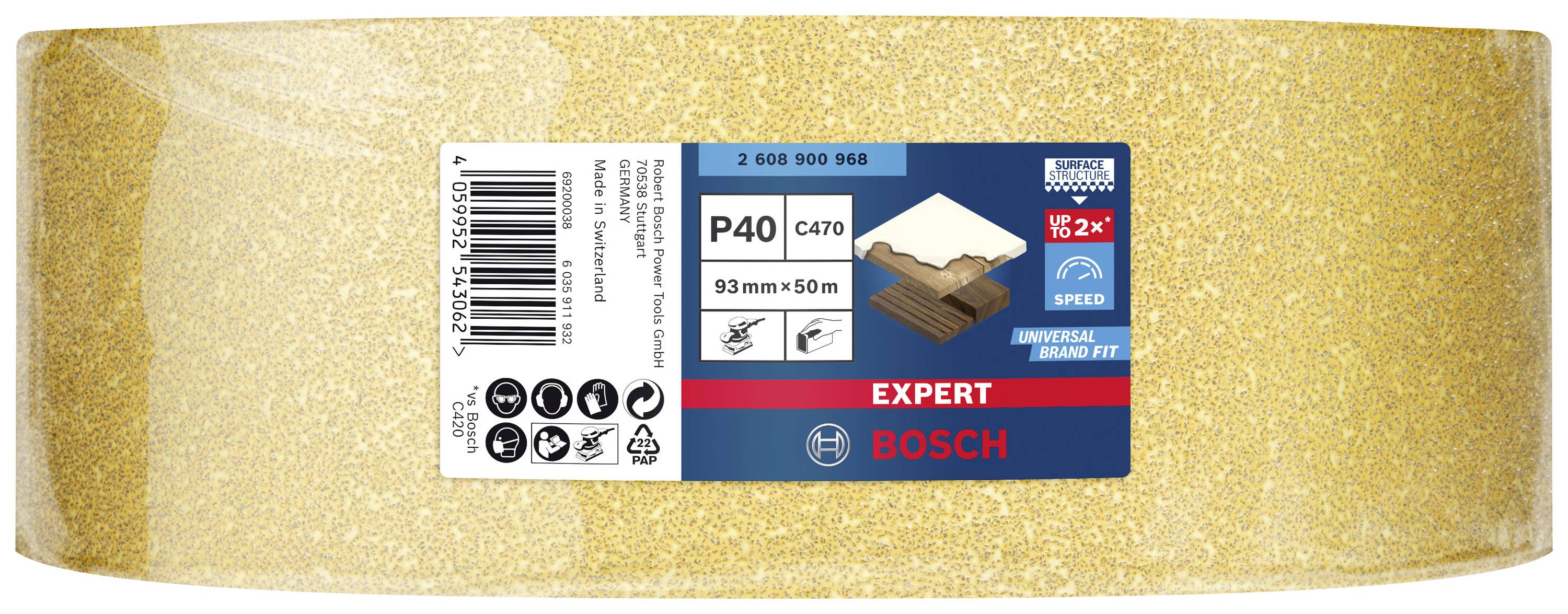 Eine Rolle Schleifpapier von Bosch mit der Körnung P40 für Holz und Metall, 93 mm x 50 m, verpackt in einer goldenen Rolle.