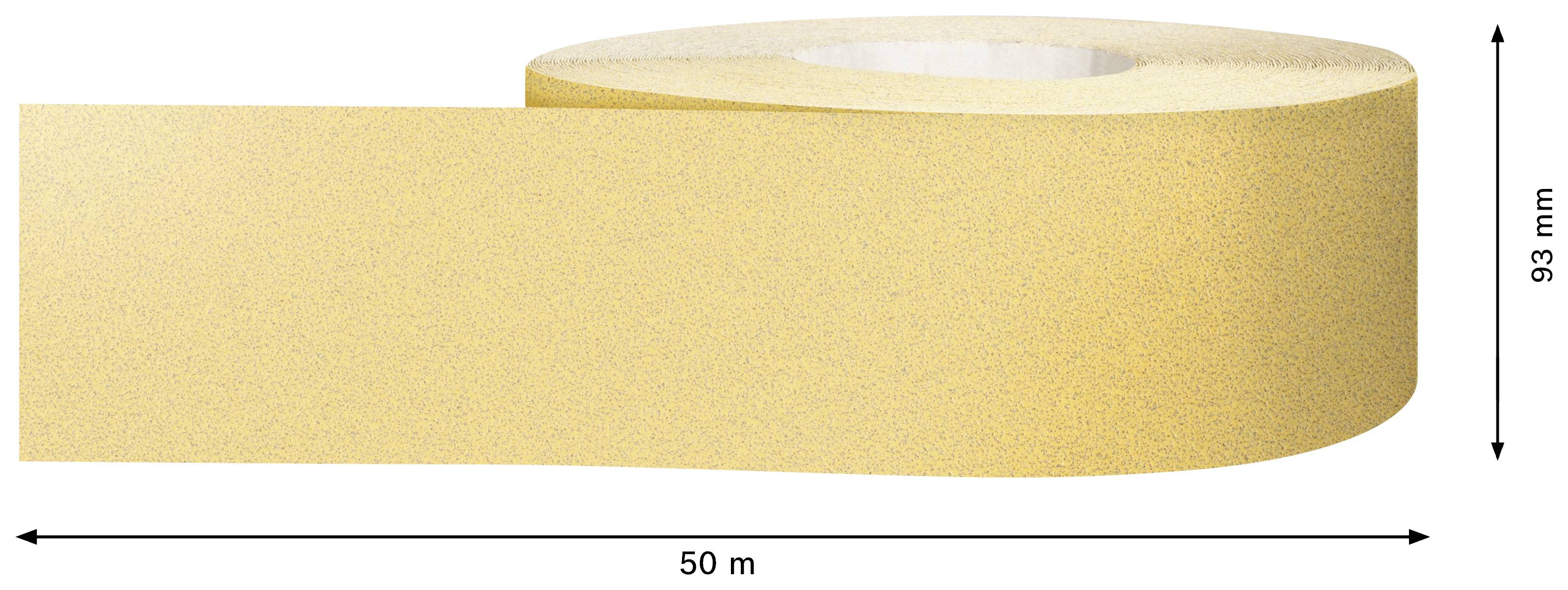 Gelbe Klebebandrolle, 50 Meter lang und 93 Millimeter breit, liegt auf der Seite.