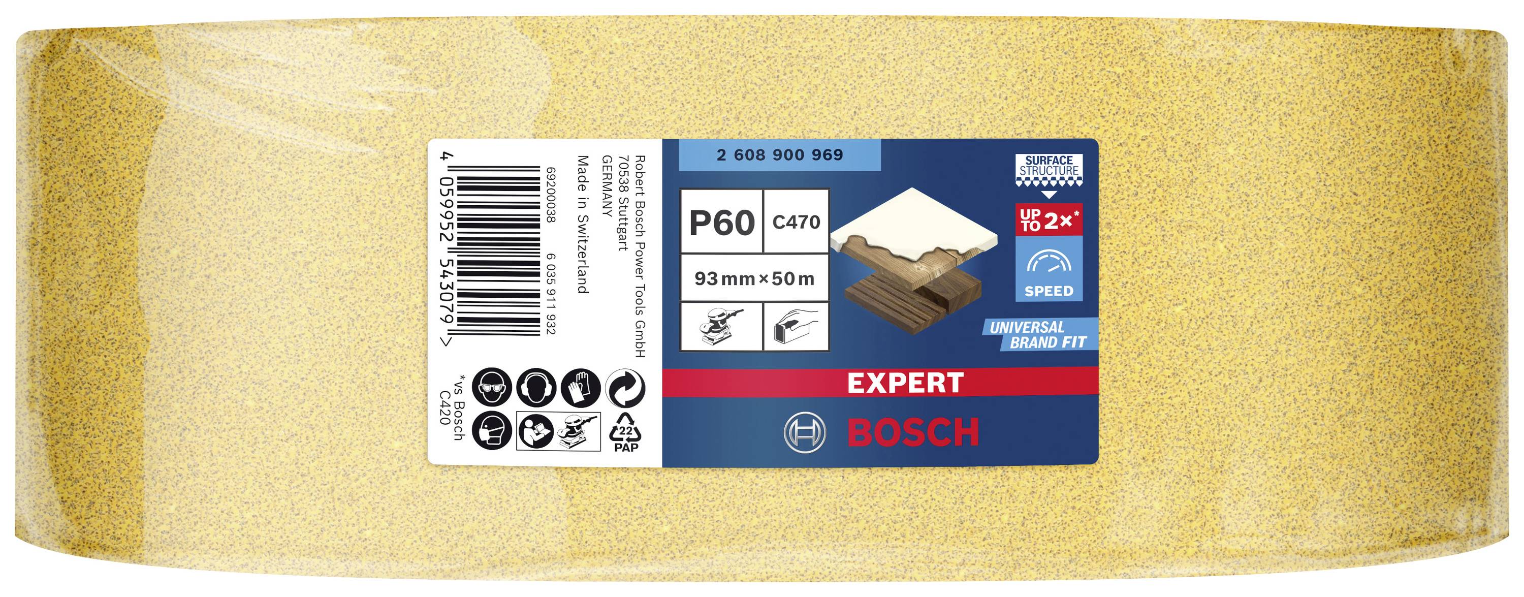 Gelbe Schleifrolle von Bosch, Modell 'Expert P60 C470', Größe 93 mm x 50 m, für Holz, Farbe, Lack geeignet, Universelle Nutzung.