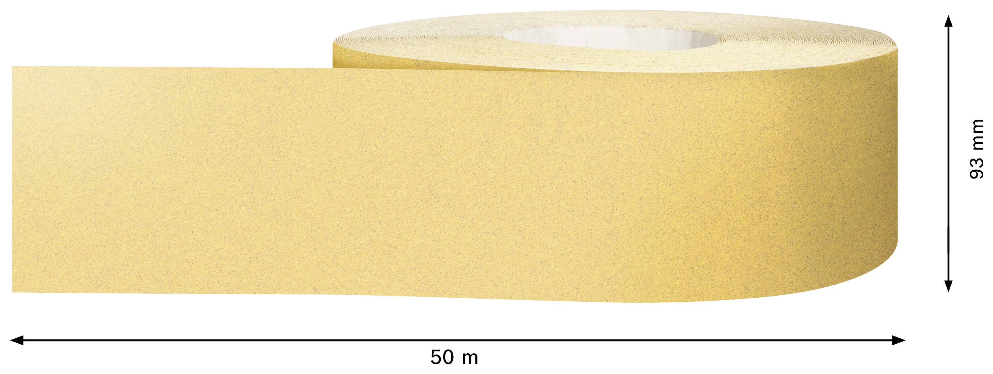 Ein langes, gelbes Klebeband mit einer Breite von 93 mm und einer Länge von 50 m, ausgerollt dargestellt.