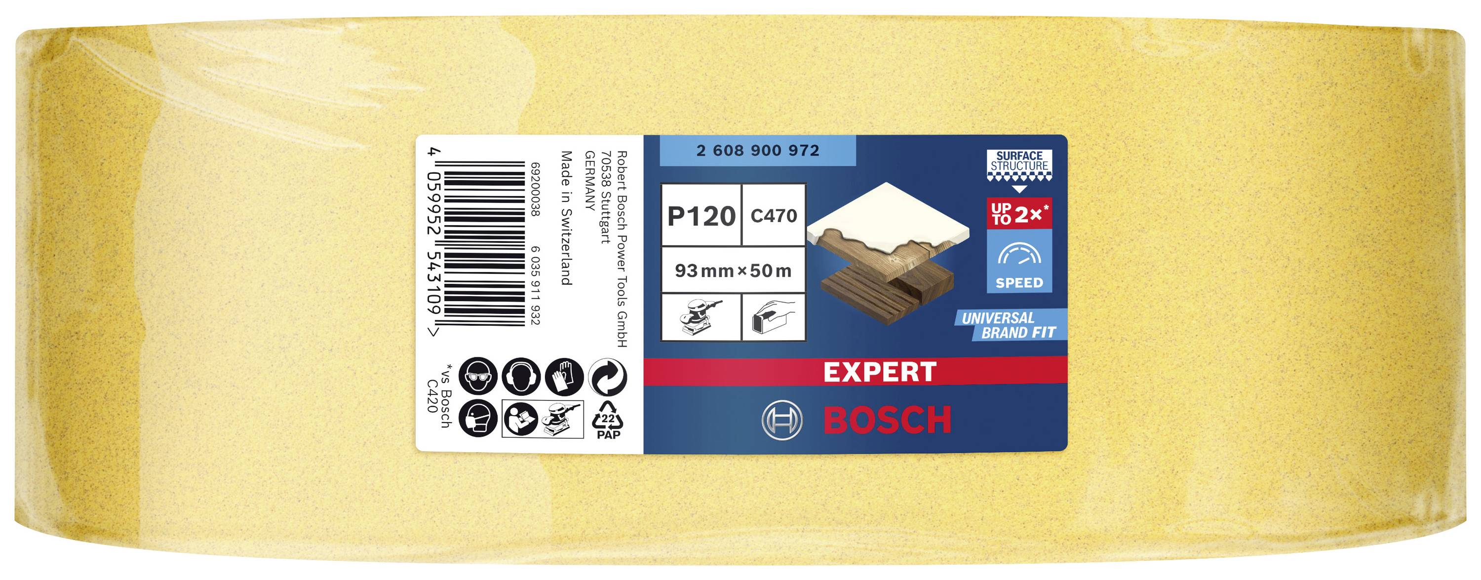 'Bosch Schleifpapier Rolle, P120, 93mm x 50m, für Holz und Lack, Expert Serie.' Verpackung mit Produktspezifikationen.