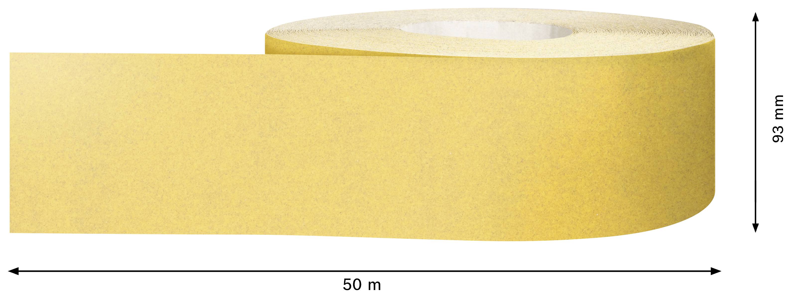 Ein gelbes Klebeband mit den Maßen 50 Meter Länge und 93 Millimeter Breite, aufgerollt und seitlich dargestellt.