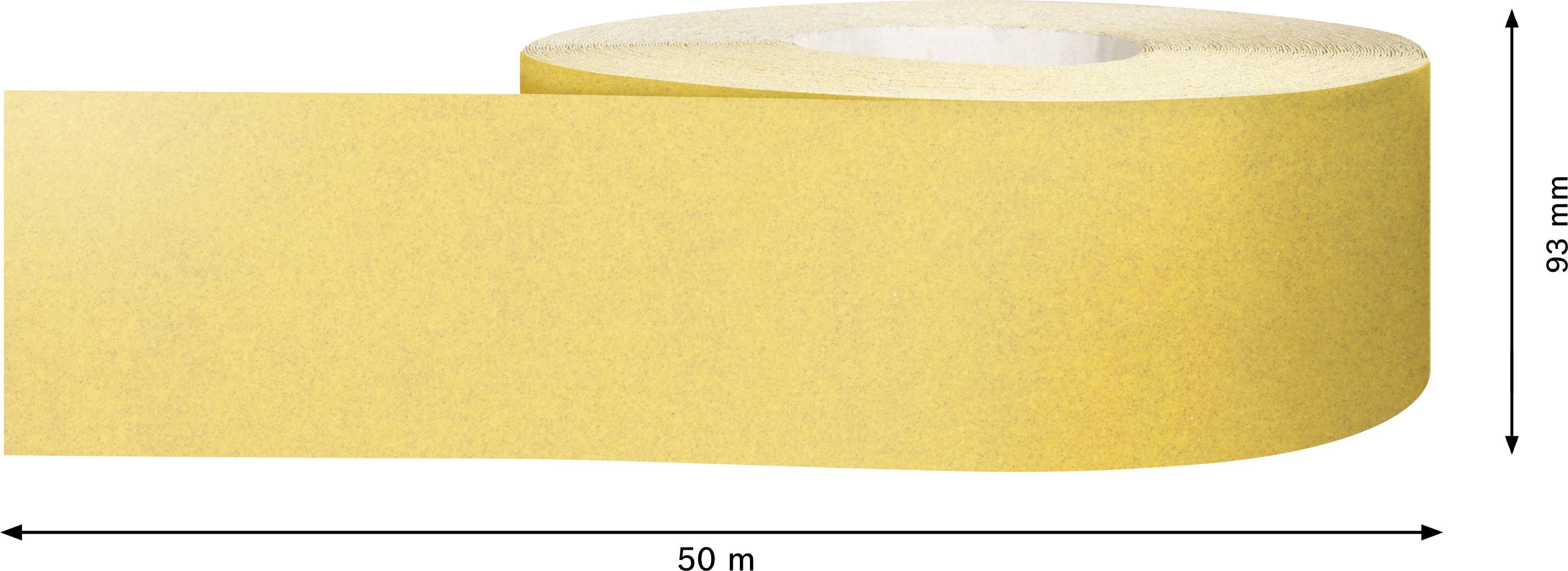 Gelbes Klebeband, Rolle liegt waagerecht. Maße: 50 Meter Länge, 93 Millimeter Breite.