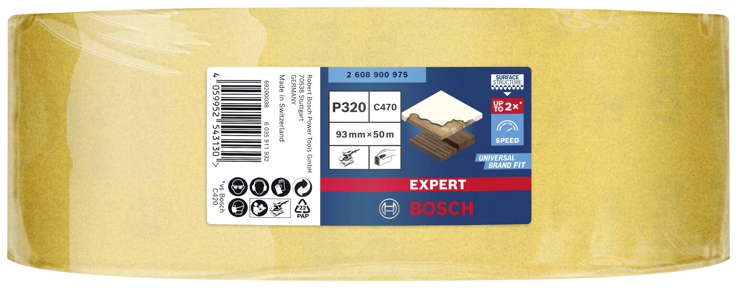 Schleifpapierrolle mit gelber Oberfläche, Bosch-Logo, P320-Körnung, 93 mm x 50 m. Geeignet für Holz und Lack.