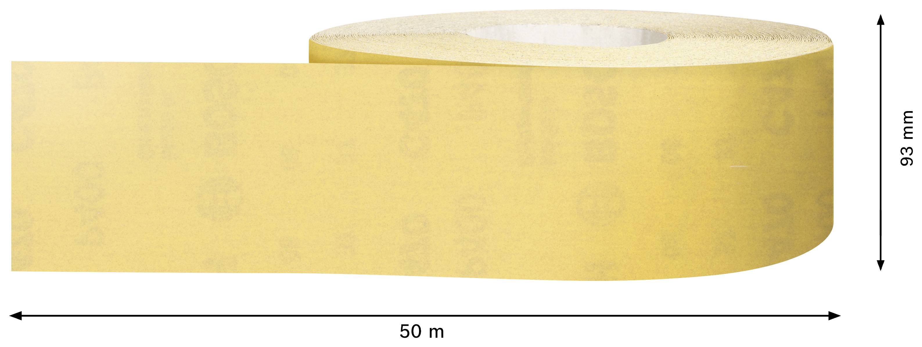 Breites, gelbes Klebeband, 93 mm hoch und 50 m lang, wird von links nach rechts abgerollt.