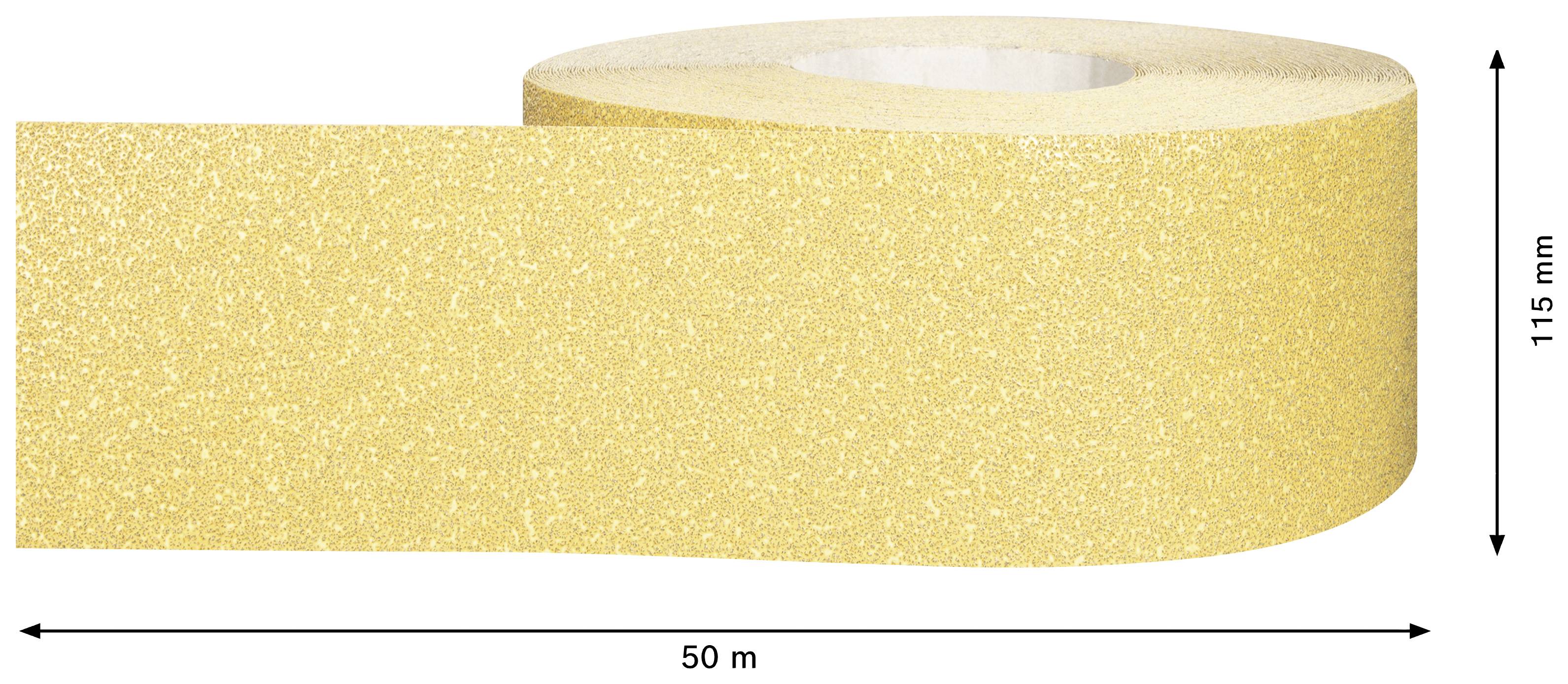 Eine Rolle gelbes Schleifpapier mit den Maßen 50 Meter Länge und 115 Millimeter Breite.