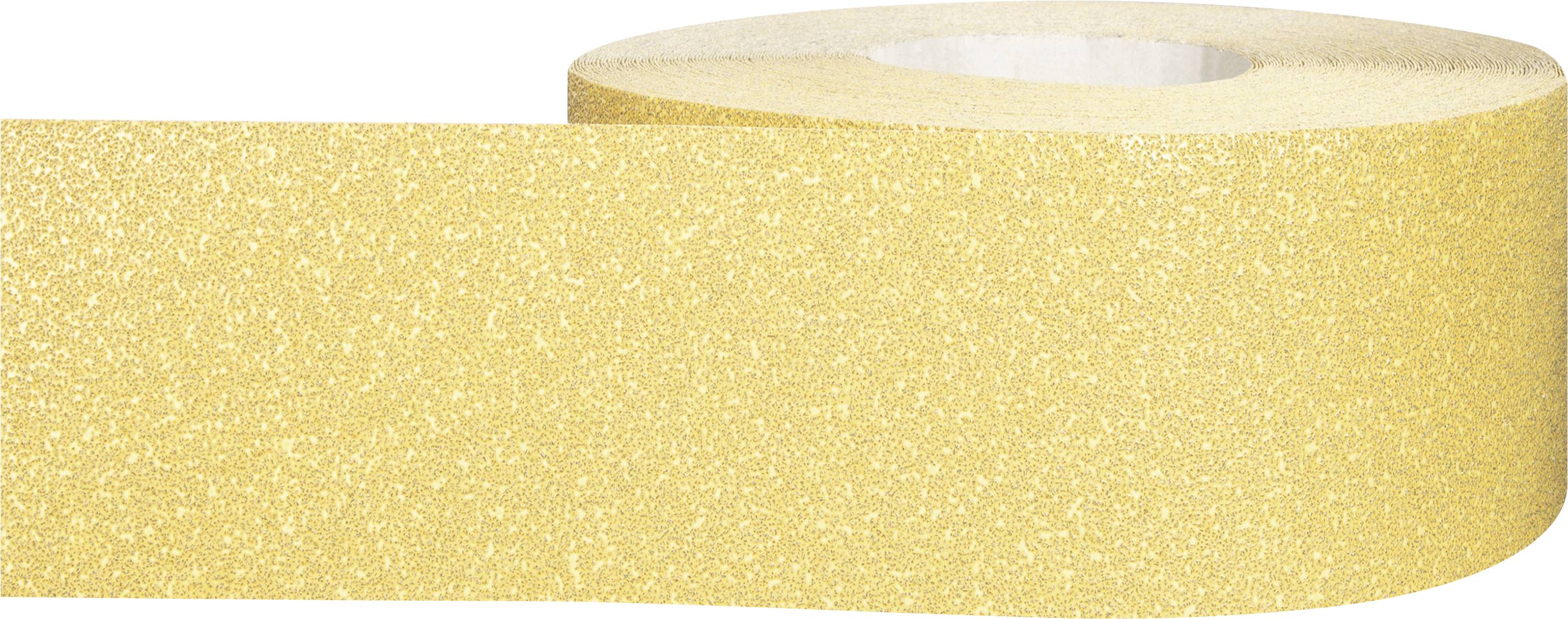 Eine Rolle grobkörniges Schleifpapier in Goldfarbe, teilweise abgerollt. Ideal für grobe Schleifarbeiten auf Holz oder Metall.