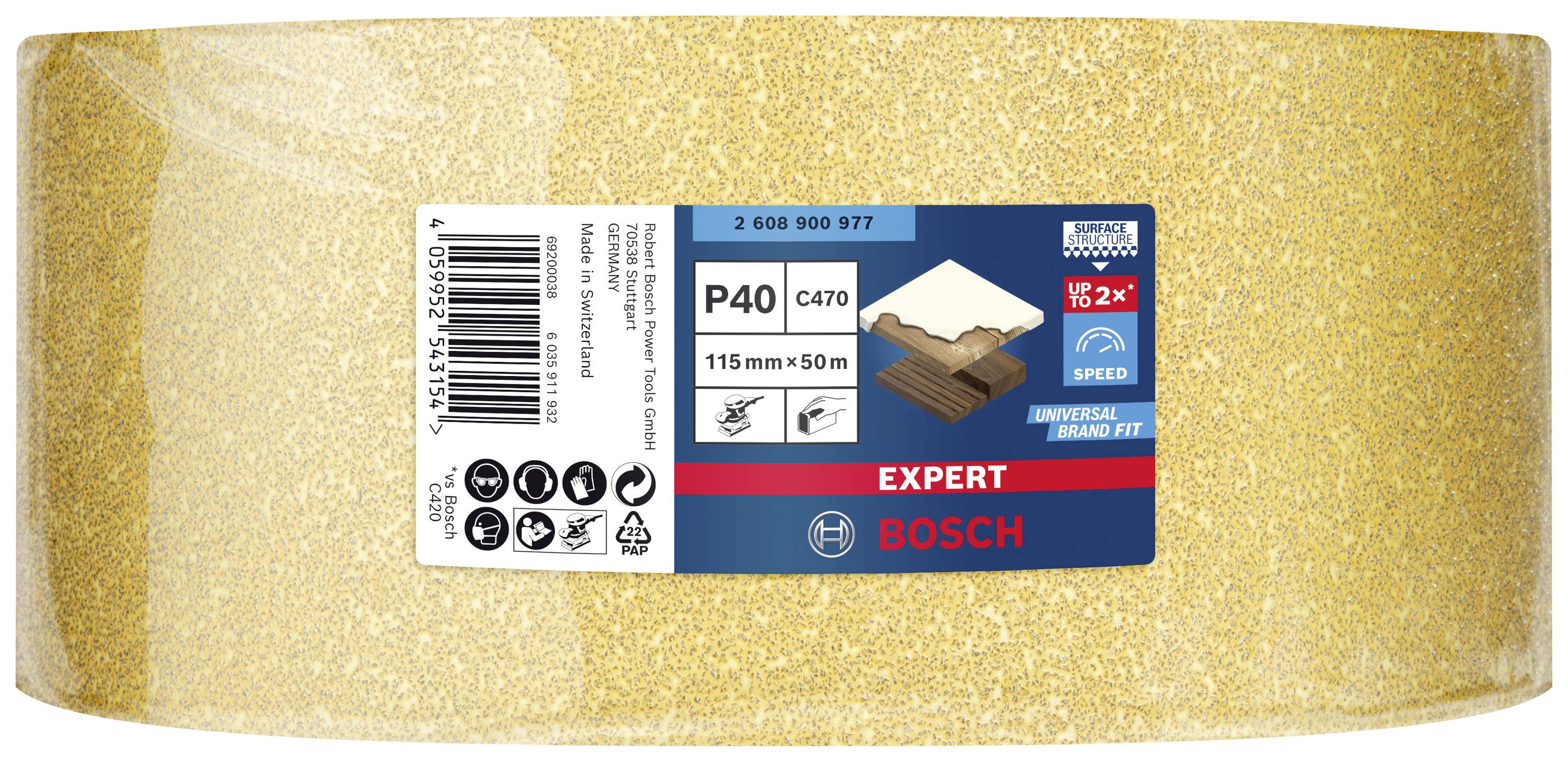 Schleifpapierrolle P40 von Bosch, 115mm x 50m, geeignet für Holzschliff. Etikett zeigt Markenlogo und Spezifikationen.