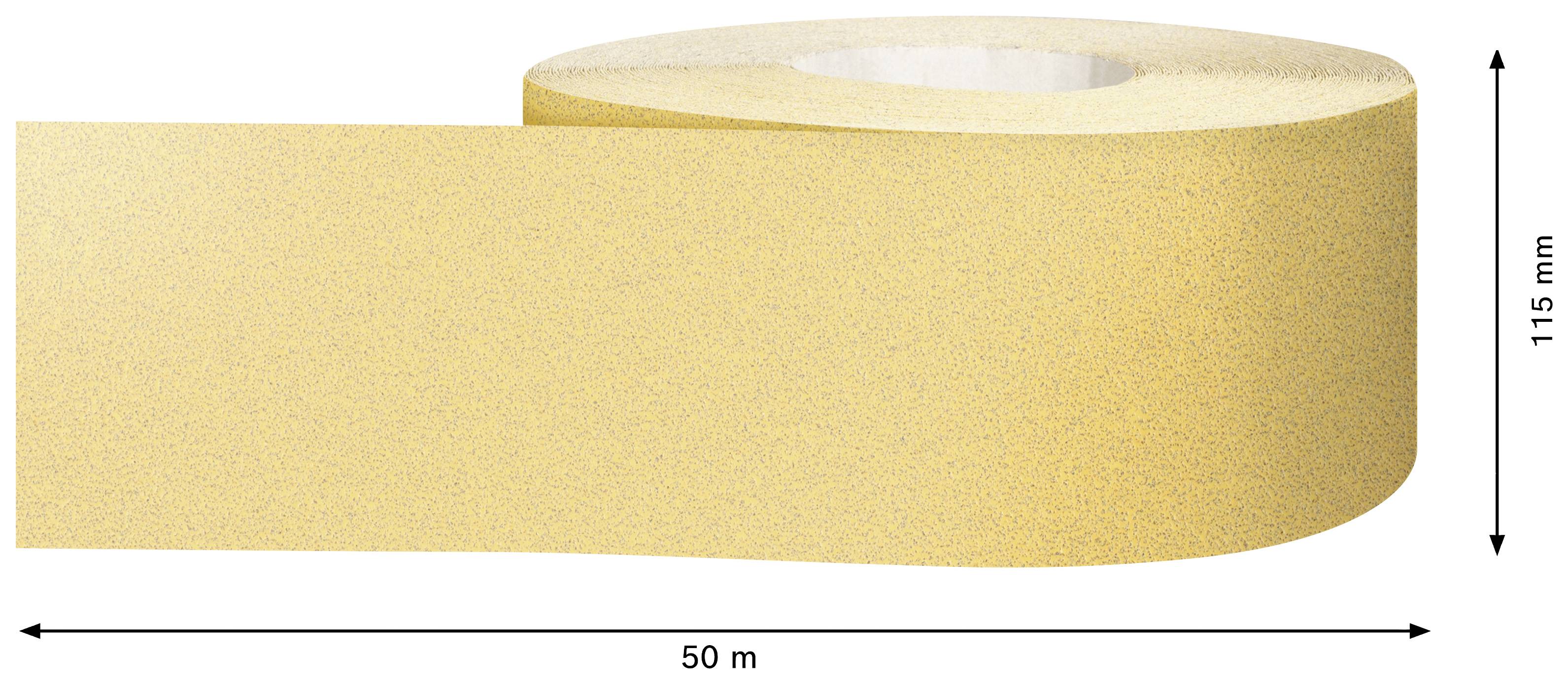 Abbildung einer Rolle Schleifpapier in Gelb mit den Maßen 50 Meter Länge und 115 Millimeter Breite.