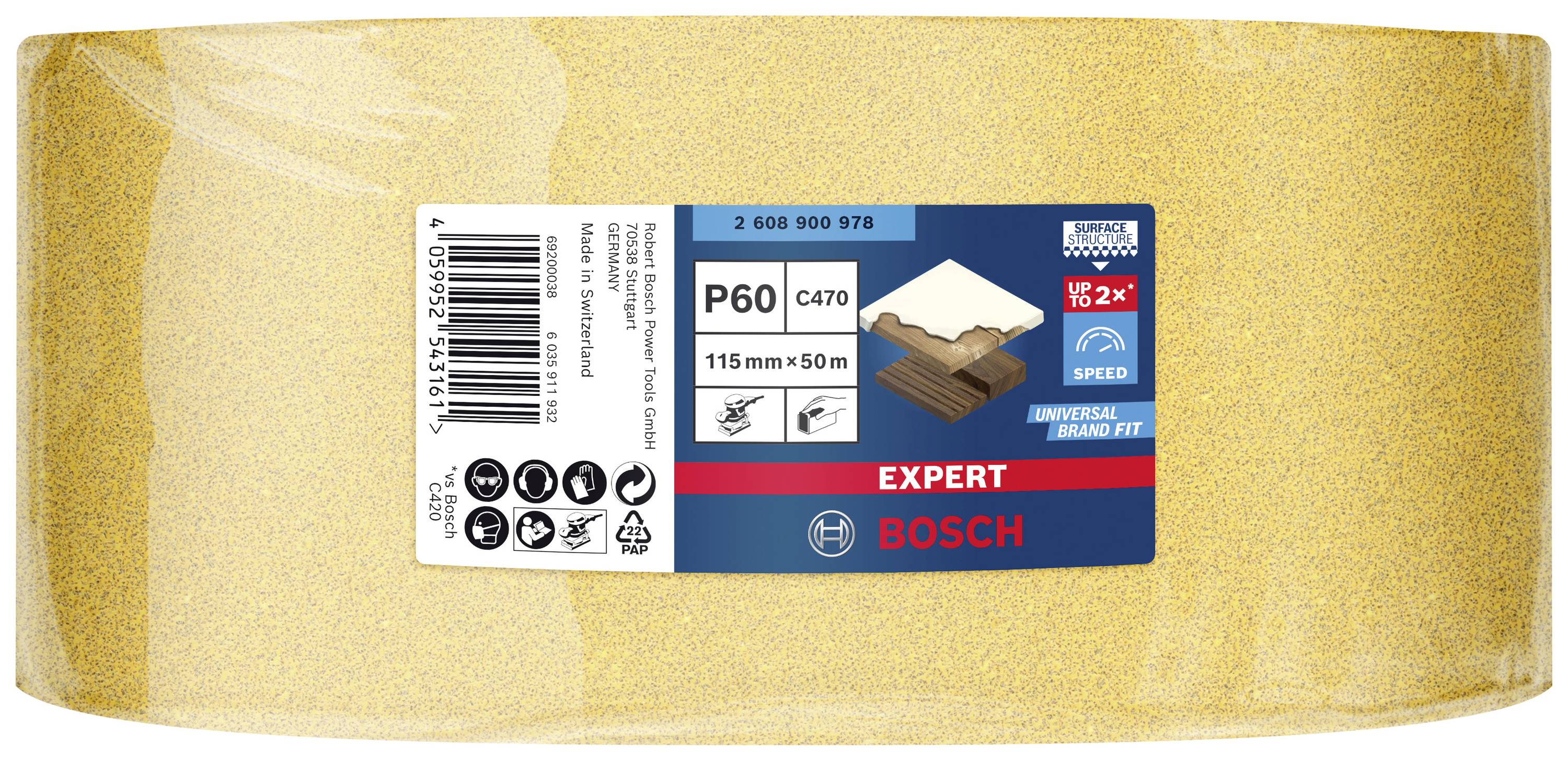 Schleifpapierrolle von Bosch, Korn P60, 115 mm x 50 m, geeignet für Holz- und Lackbearbeitung, 'Expert'-Linie, Universal Brand Fit.