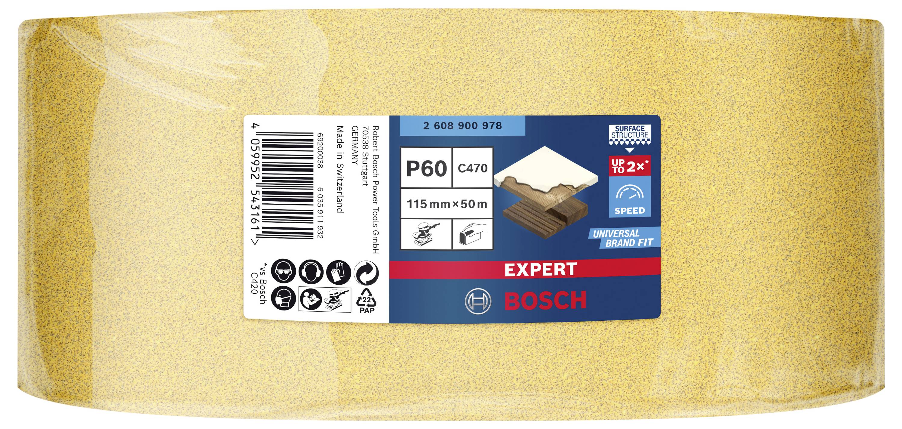 Schleifpapierrolle P60, 115mm x 50m, Marke Bosch. Geeignet für Holz, Farbe und Metall. Verpackung zeigt Produktdetails und Logos.