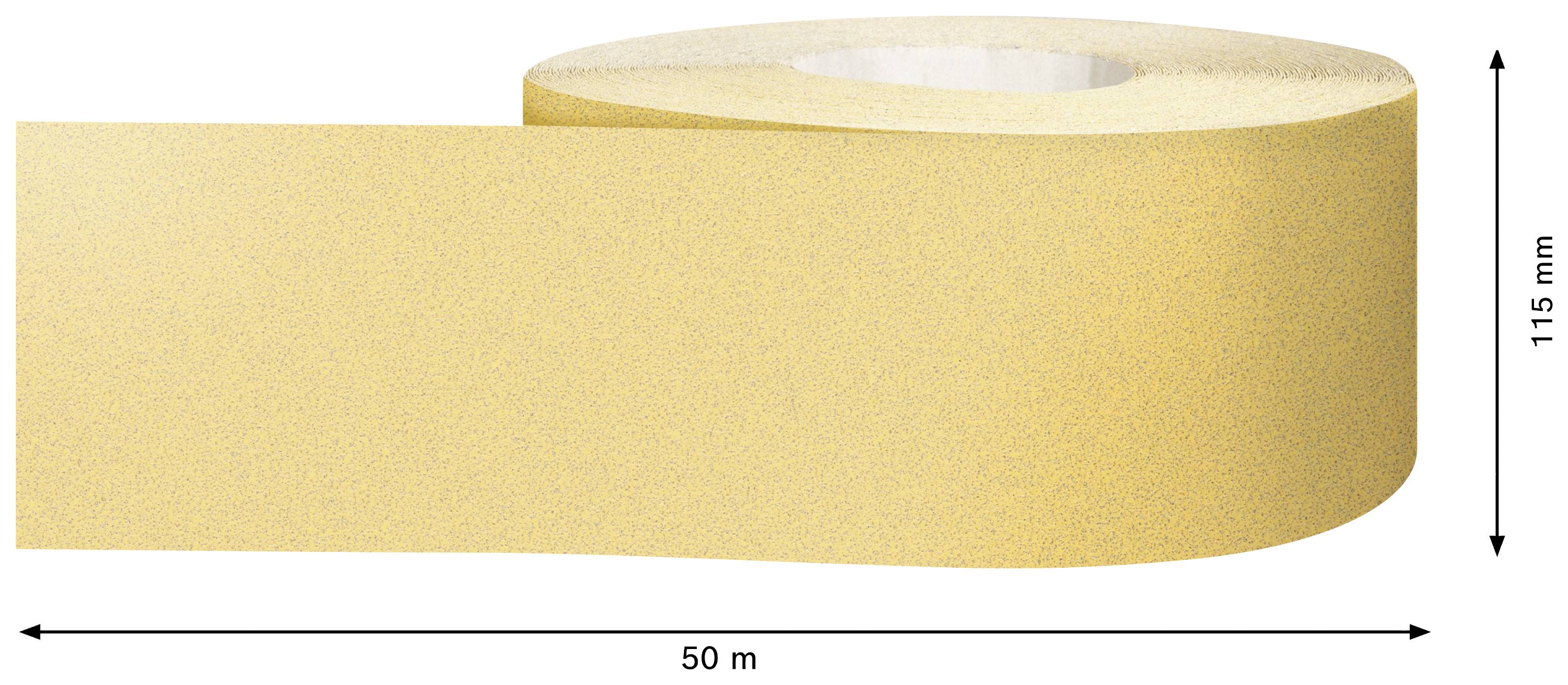 Eine gelbe Rolle Schleifpapier, 50 Meter lang und 115 Millimeter breit, ausgerollt zur Veranschaulichung der Dimensionen.