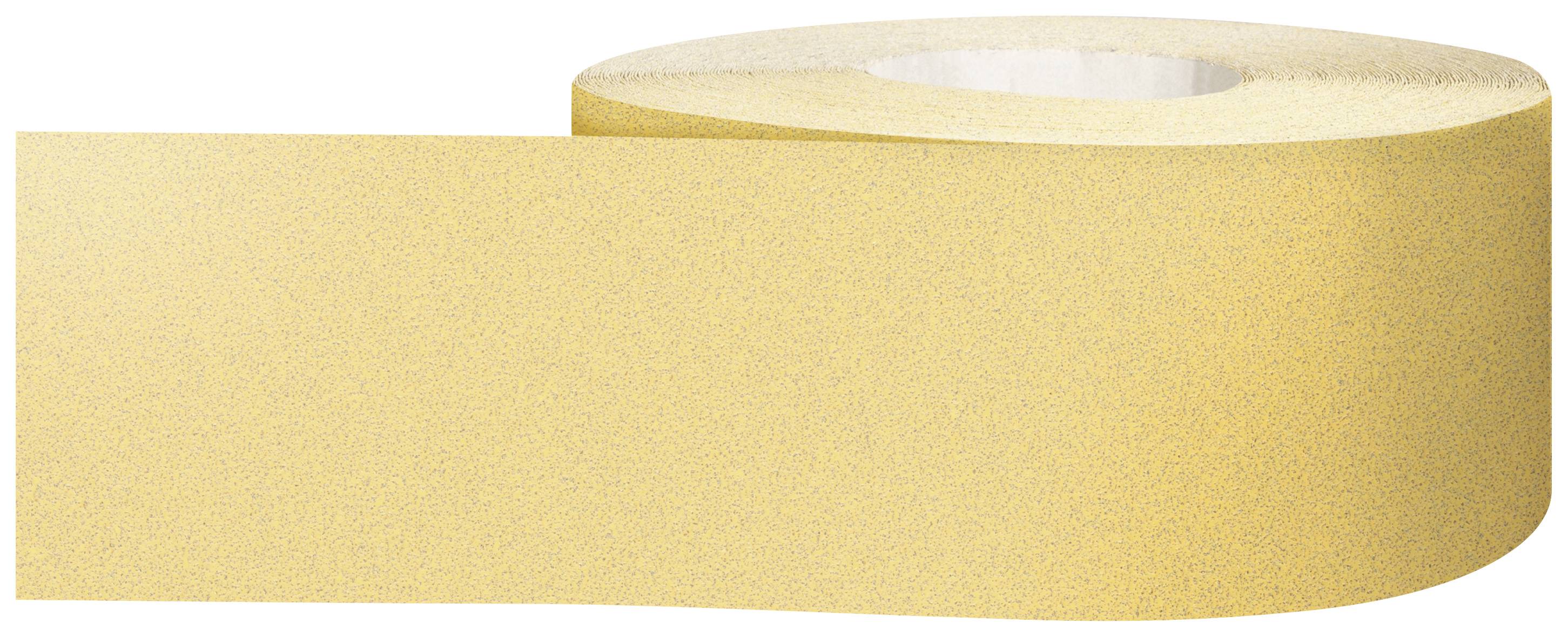 Eine Rolle gelbes Schleifpapier, teilweise abgerollt. Verwendet für Schleifarbeiten an Oberflächen zur Glättung oder Reinigung.