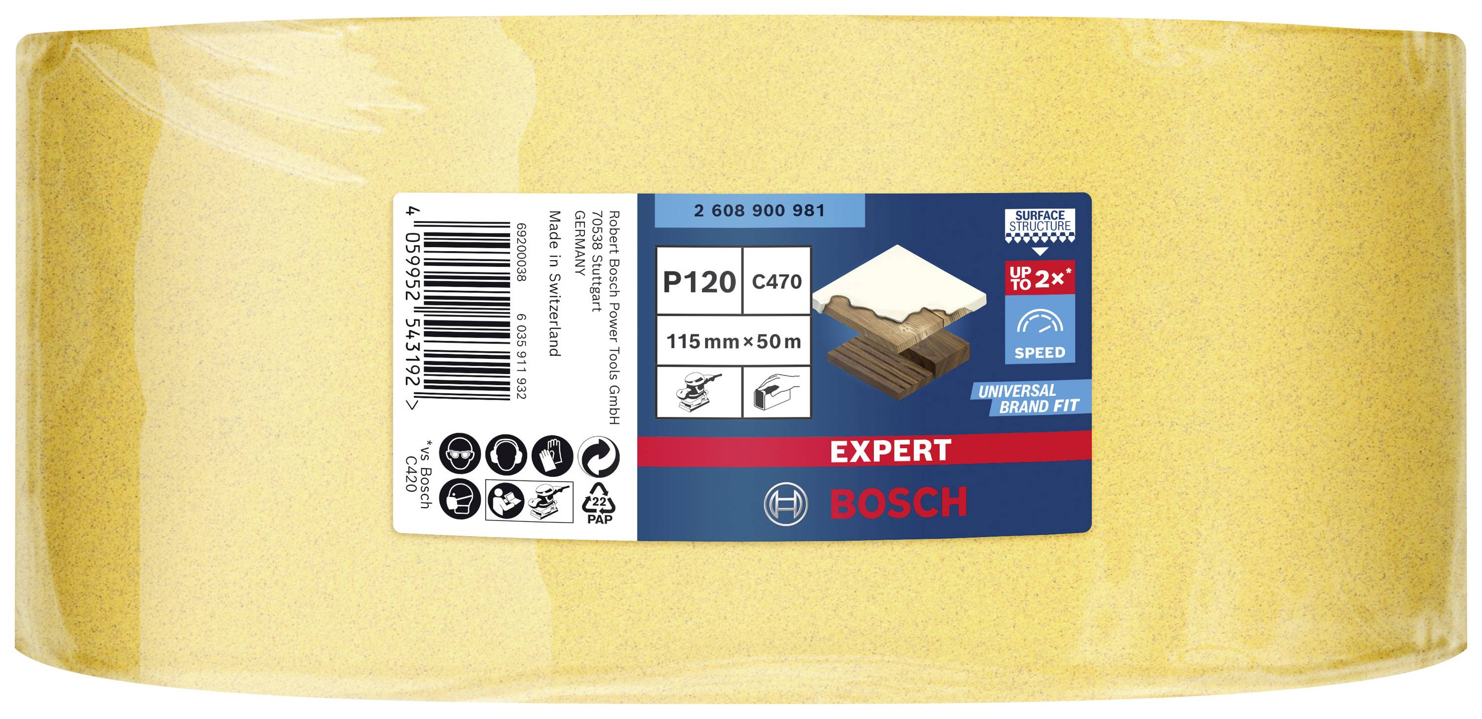 Rolle Schleifpapier, Körnung P120, Maße 115 mm x 50 m, geeignet für Holzarbeiten. Marke: Bosch Expert.