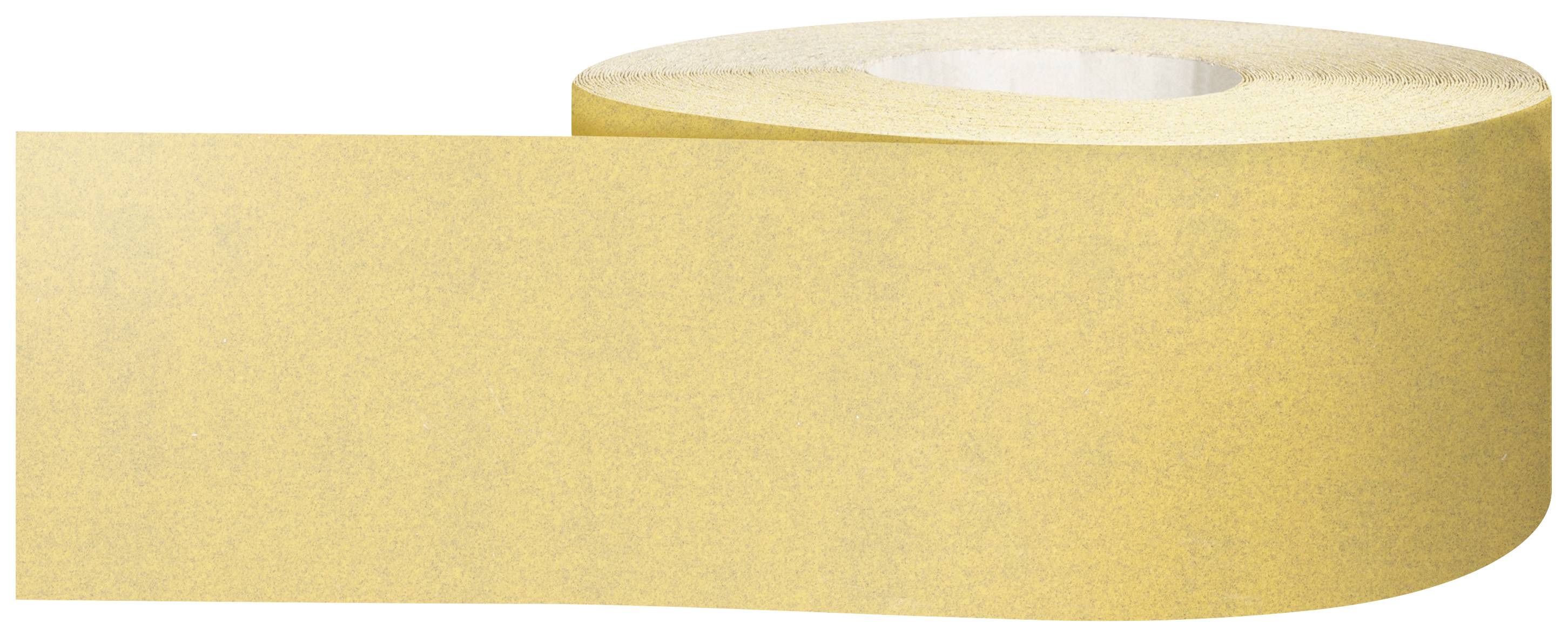 Eine Rolle hellbraunes Schleifpapier, halb abgerollt, auf weißem Hintergrund.