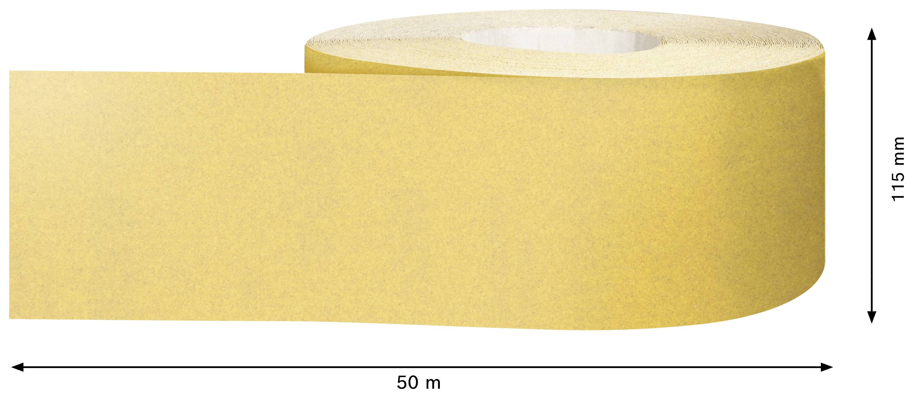 Gelbes Klebeband, 50 Meter lang, 115 Millimeter breit. Rolle in Seitenansicht, zeigt Bandlänge und -breite durch Pfeile.