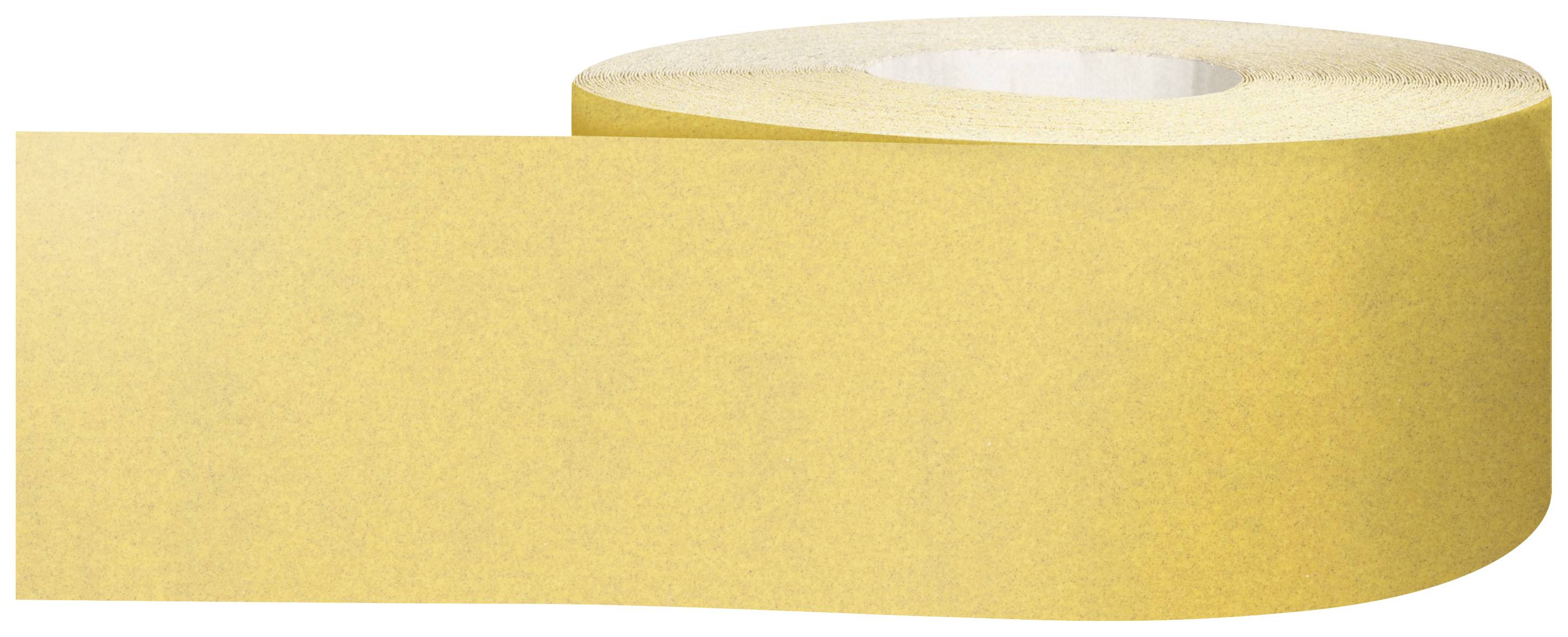 Gelbe Klebebandrolle aus Papier, seitlich liegend.
