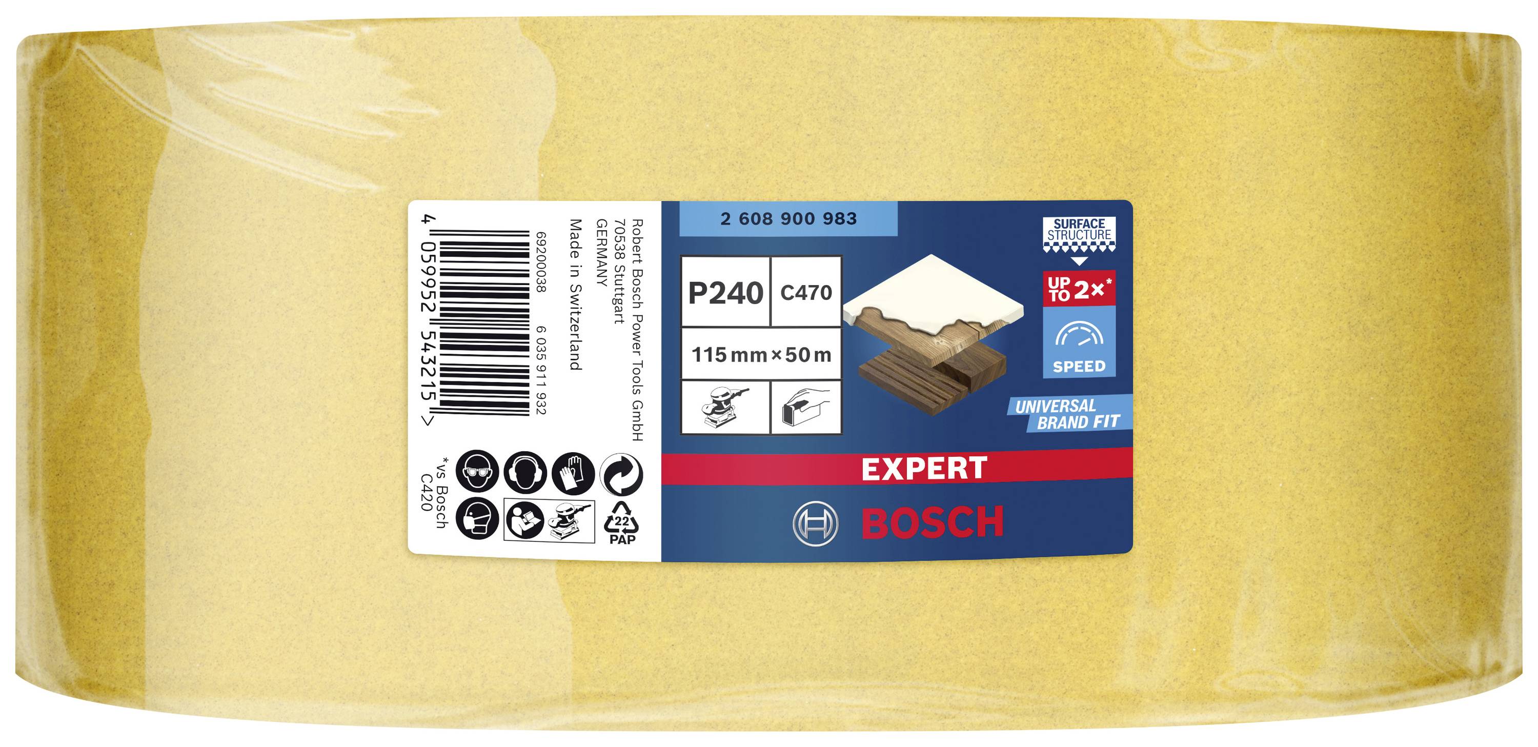 Ein Schleifpapier-Rolle von Bosch, gelb, 115 mm x 50 m, geeignet für Holz und Farbe. Modell: P240 C470.