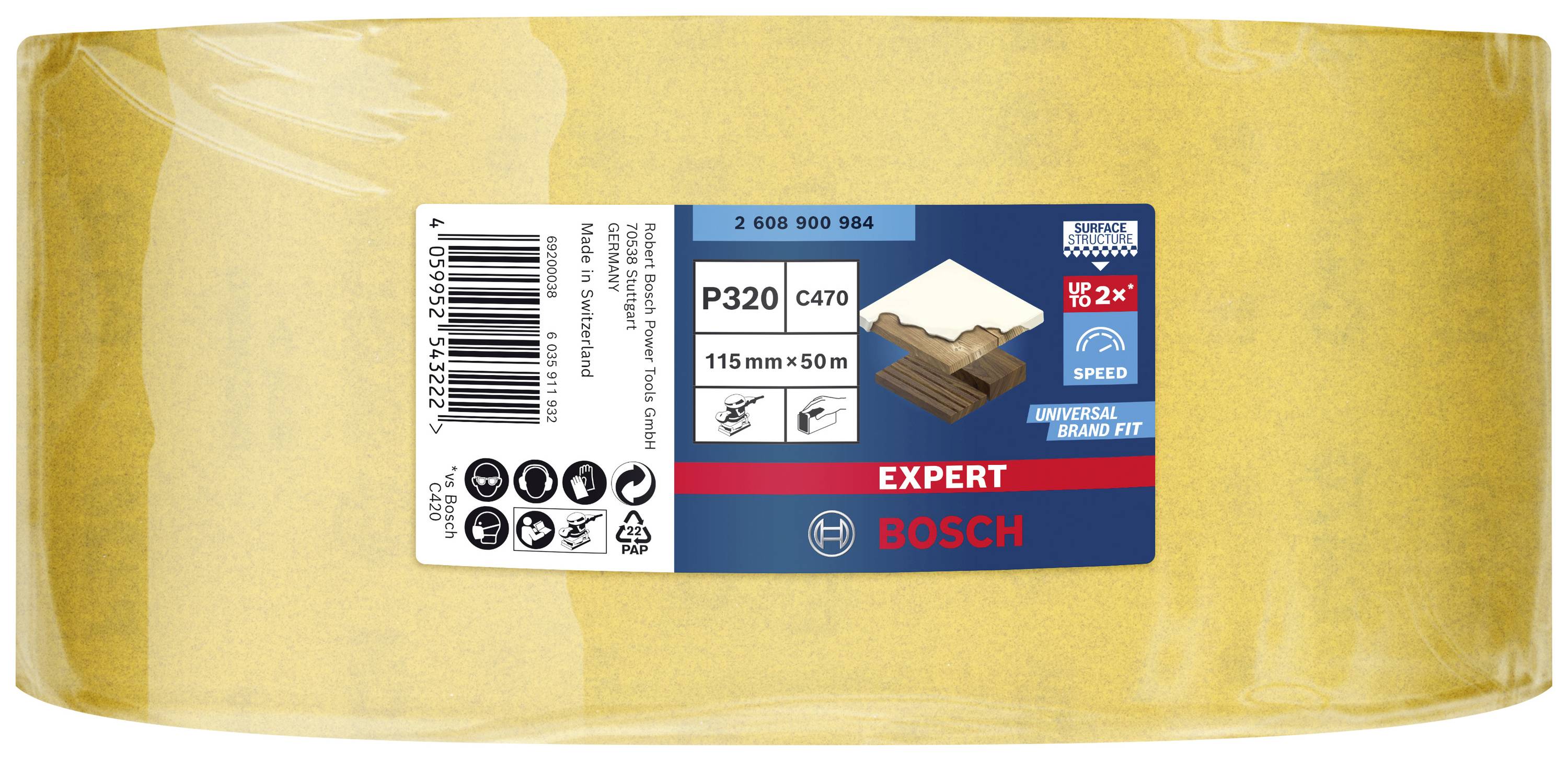 Eine Rolle Schleifpapier, Bosch 'Expert', Körnung P320, 115 mm x 50 m, geeignet für Holz und Lack, abgebildet auf Verpackung.