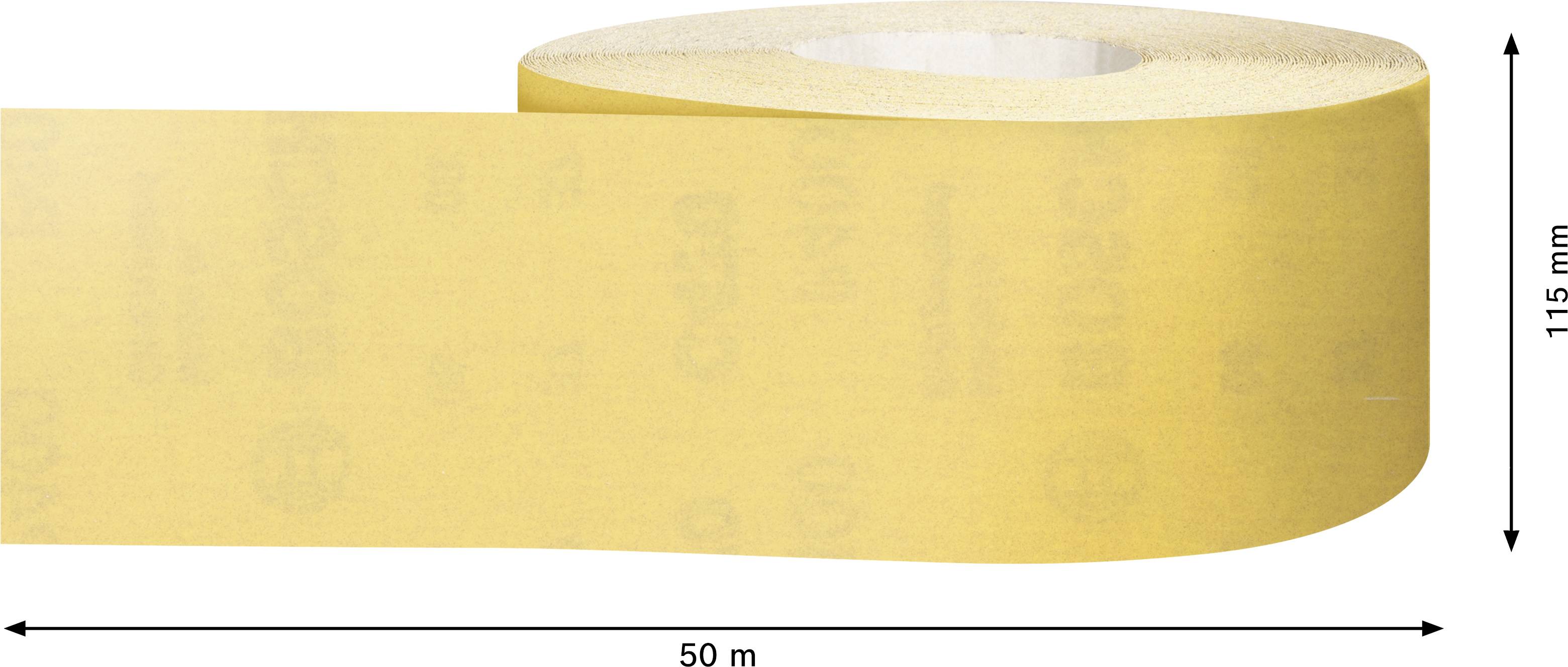 Ein gelbes Klebeband ist 50 Meter lang und 115 Millimeter breit, aufgerollt auf einer Rolle.