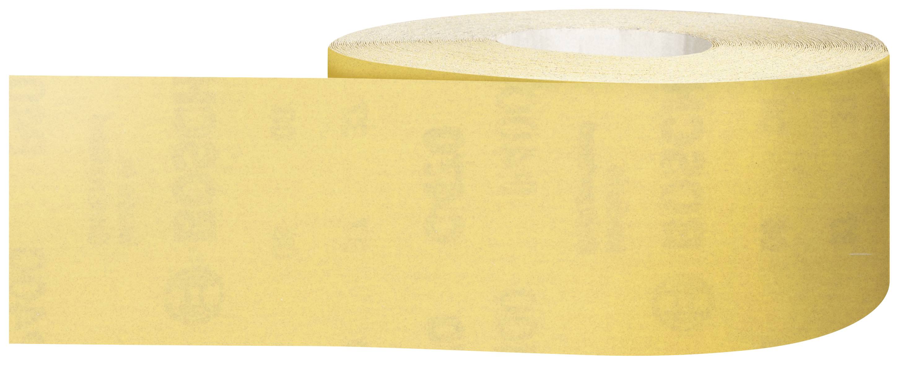 Gelbe Rolle Schleifpapier, teilweise abgerollt; geeignet zum Schleifen von Oberflächen in Handwerks- und DIY-Projekten.