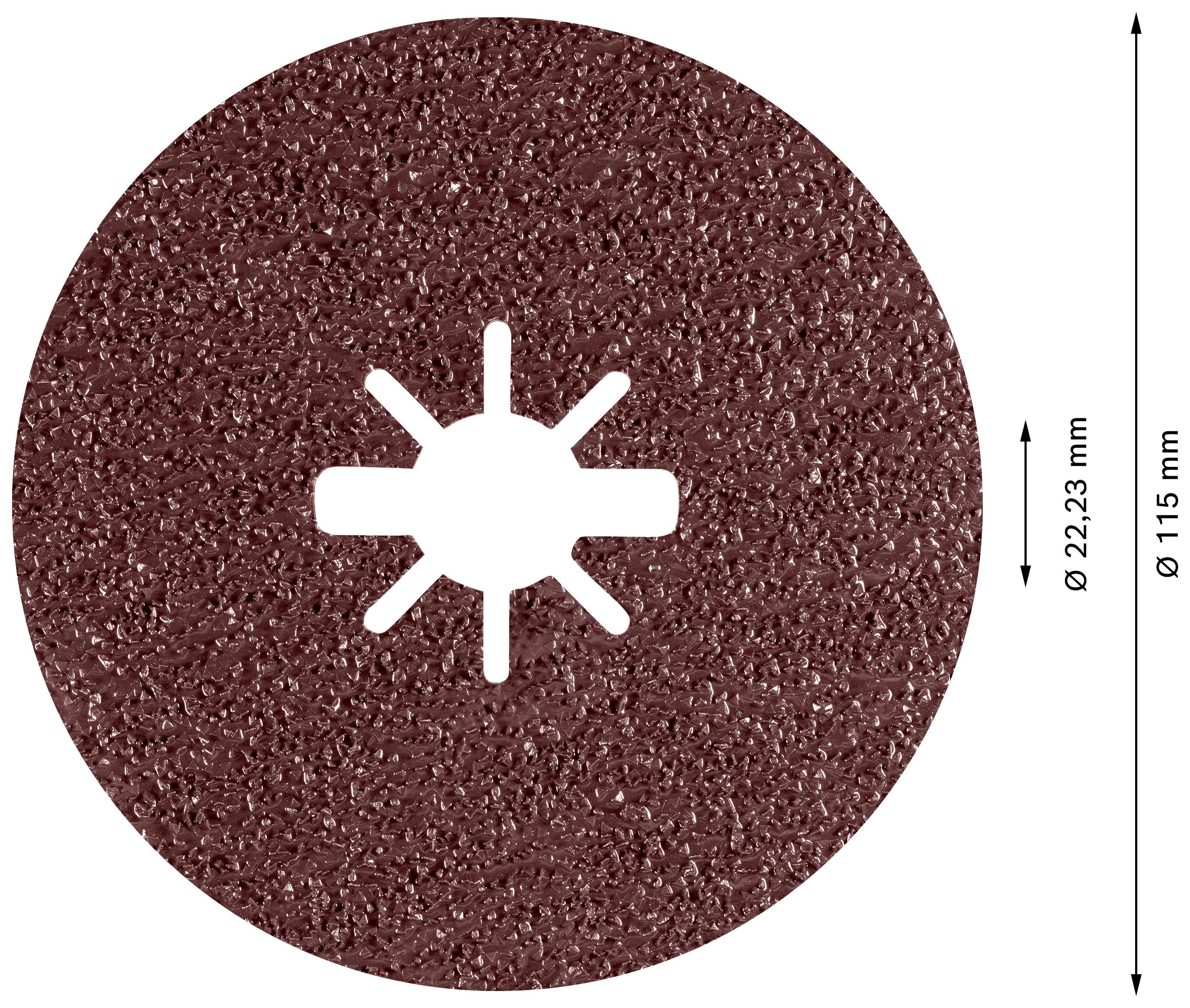 Schleifscheibe mit 115 mm Durchmesser, Loch in der Mitte mit 22,23 mm Durchmesser. Rote, raue Oberfläche, kreisförmig.