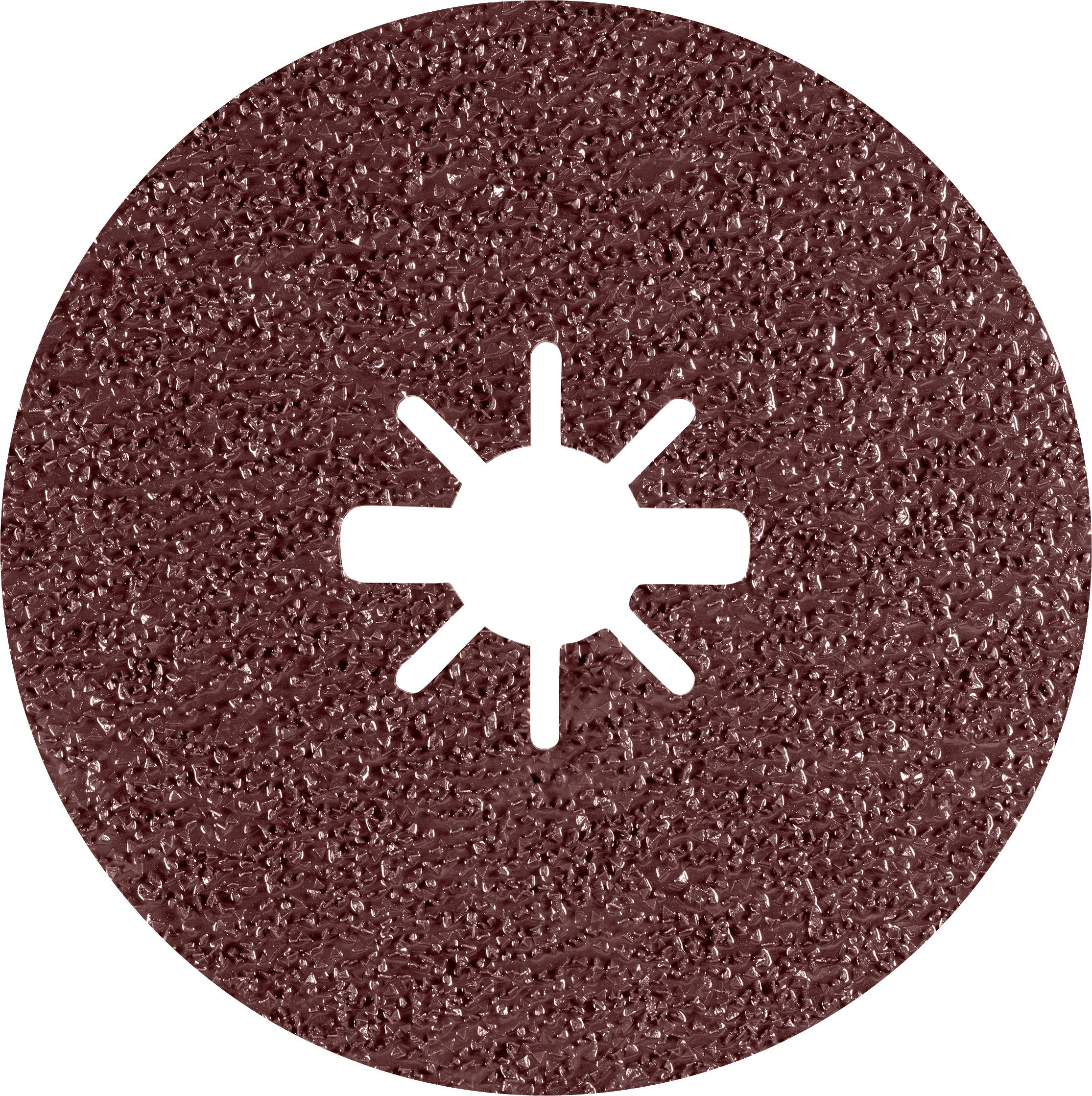 Braune Schleifscheibe mit zentralem runden Symbol, das wie ein Zahnrad aussieht. Texturierte Oberfläche für Schleifarbeiten.